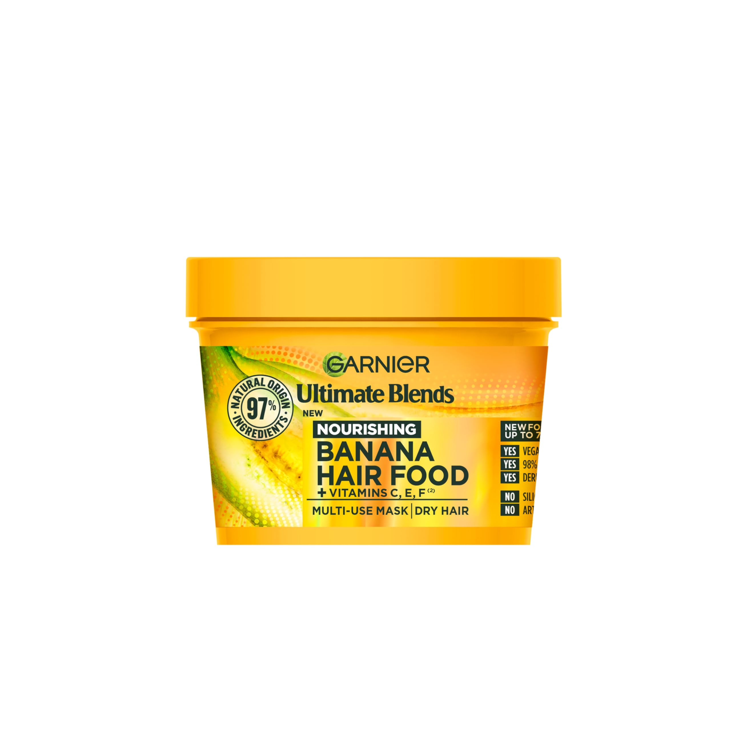 Garnier Ultimate Blends Banana Hair Food Multi-Use Mask, For Dry Hair, Boosted with Vitamins C, E, F, 400ml, 97% Natural Origin Ingredients, No Silicone for a natural feel, Vegan Formula