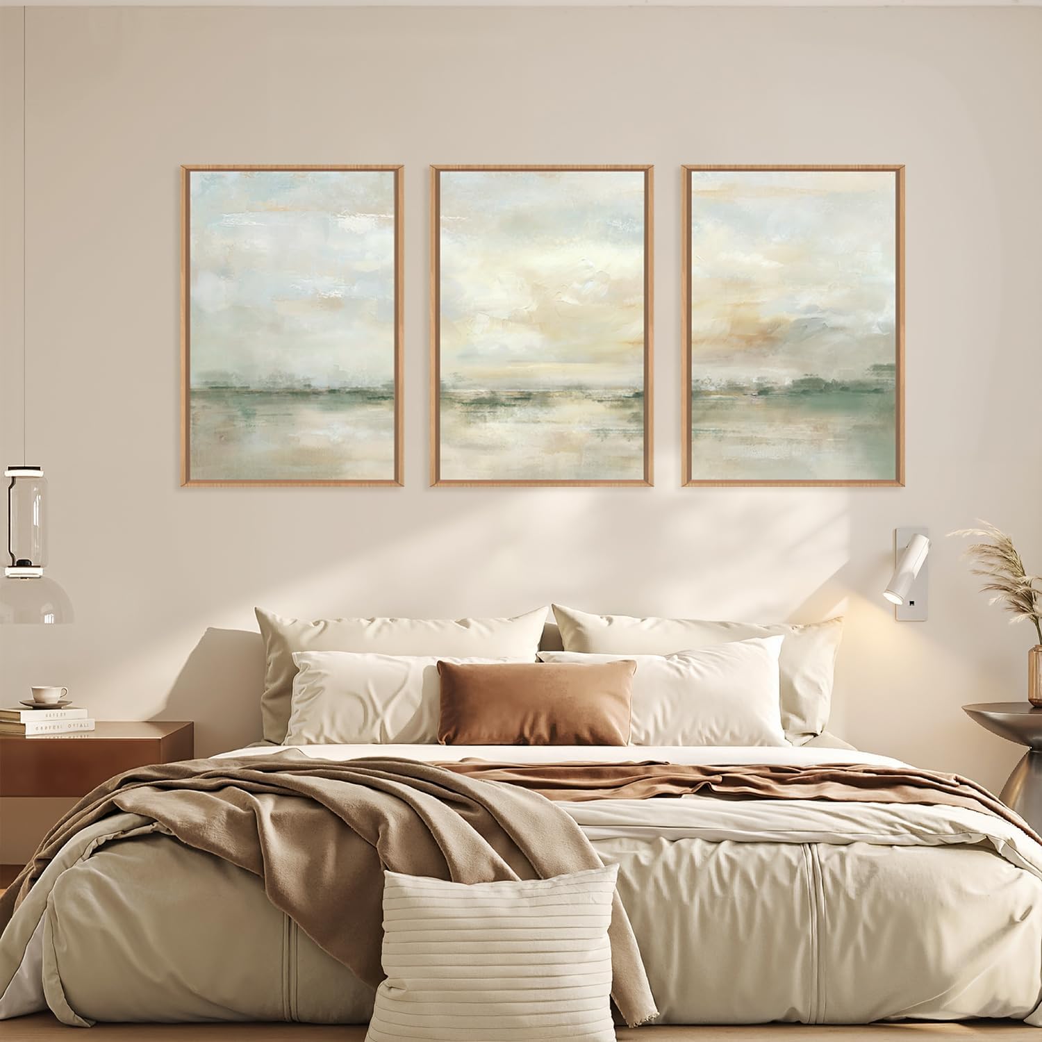 Ausril Large Abstract Green Gray Pastel Framed Canvas Wall Art,Neutral Landscape Wall Decor,Modern Watercolor Lake Artwork,Beige Textured Illustrations Art for Living Room,Bedroom,Office- 16"x24"x3 — view 6