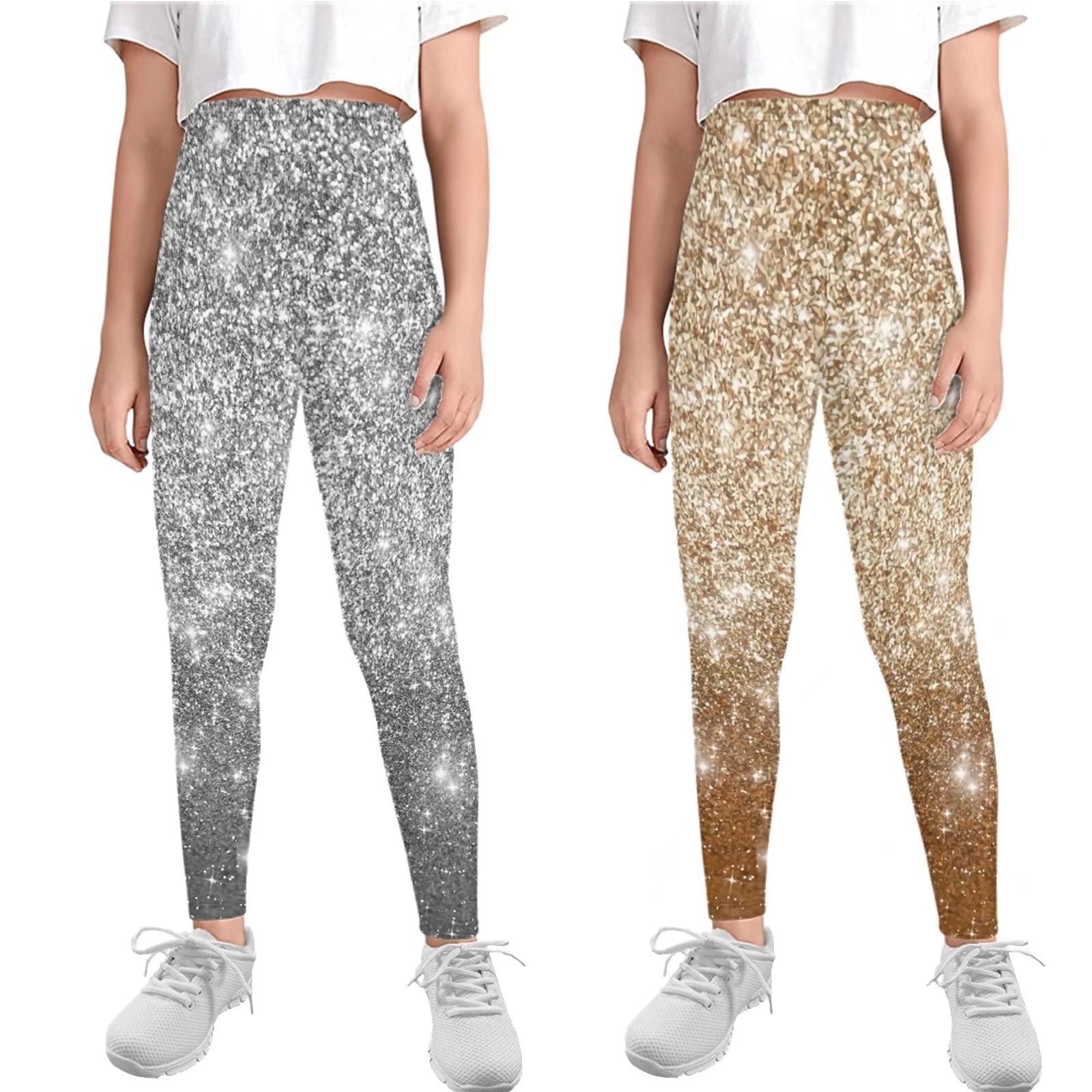 HUIACONG Leggings Ropa Niña 4 Años, para niñas de 4 a 13 años para niños pequeños, pantalones activos de yoga, 2 piezas, Oro Plata Estrellada