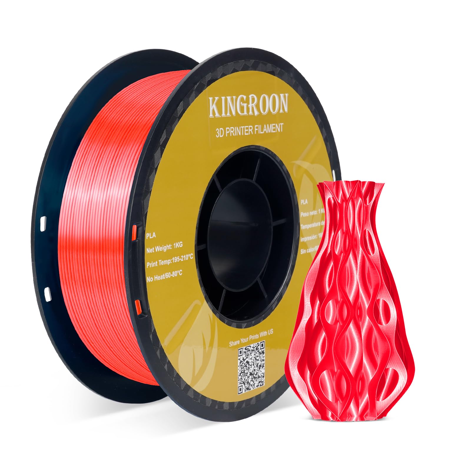 Kingroon Silk PLA 3D Printer Filament, Dimensional Accuracy +/- 0.03 mm, 1 kg Spool(2.2lbs), PLA Shiny Filament 1.75 mm (Red)