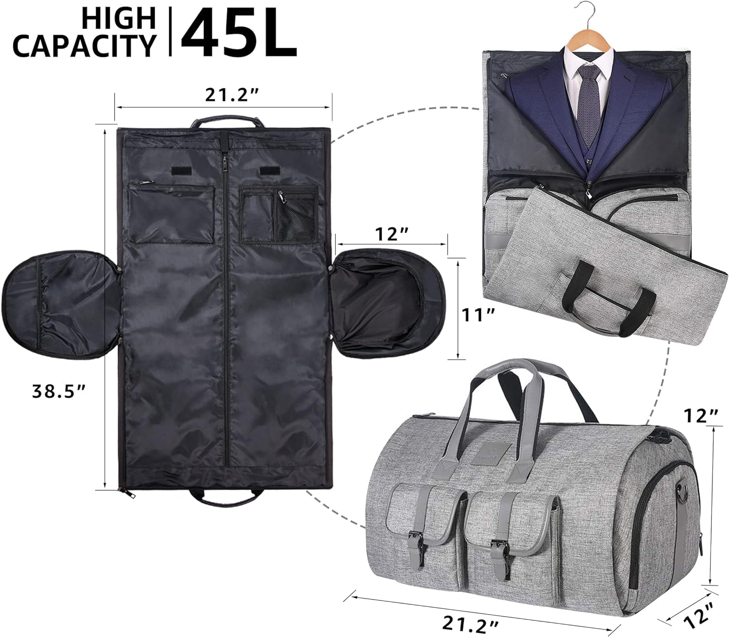 Torba podróżna Podręczna Torba Na Ubrania Duża Marynarska Garnitur Podróżna Weekendowa Z Etui Buty Dla Mężczyzn I Kobiet Wycieczka weekendowa(Grey)