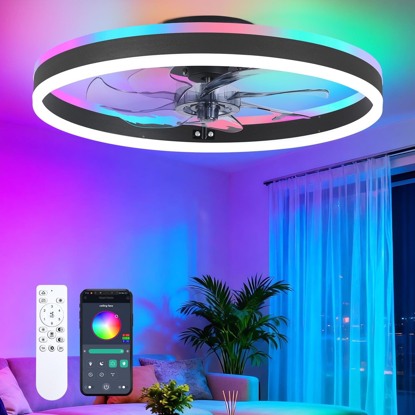 Photo 1 of Oritham 16" RGB Ceiling Fans with Lights and Remote/APP, Dimmable 3000-6500K LED Low Profile Ceiling Fan with Light, Modern Fandelier Flush Mount Ceiling Fan Light for Living Room, Bedroom and Kitchen