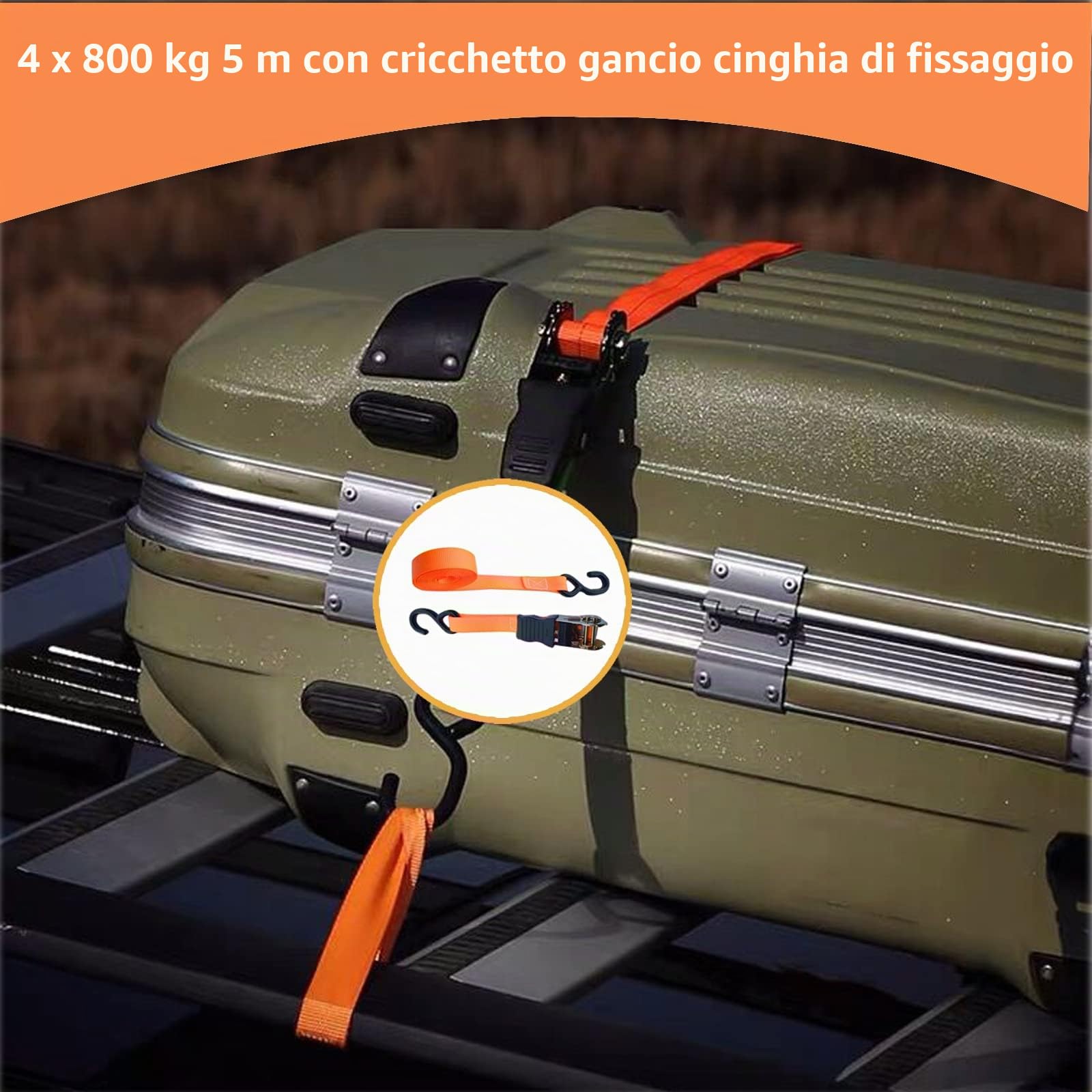 4 x 800 kg 5 m Cinghie di Serraggio con Cricchetto, Cinghie di Fissaggio Ancoraggio con Chiusura a Morsetto Arancione Cinghia a Cricchetto per il Trasporto