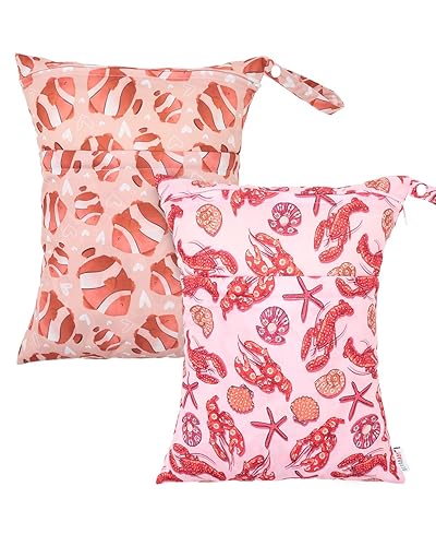 Miniatura 9 de ALVABABY 2 bolsas de pañales de tela húmedas y secas, impermeables, reutilizables, con dos bolsillos con cremallera, para viajes, playa, piscina,