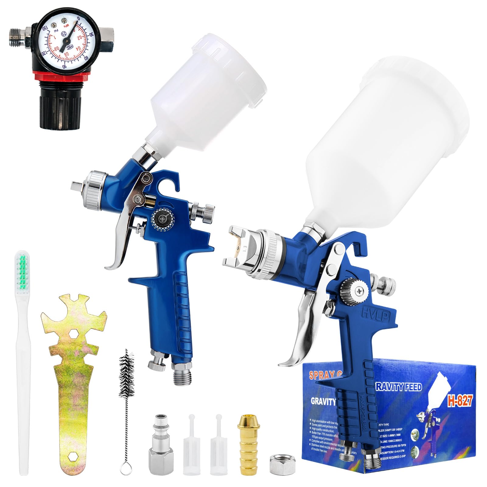 Professional 2-in-1 HVLP Gravity Feed Spray Gun Kit (1.4mm 600ml + 0.8mm 125ml) with Air Regulator, HVLP Paint Sprayer Kits for Automotive & Model Painting