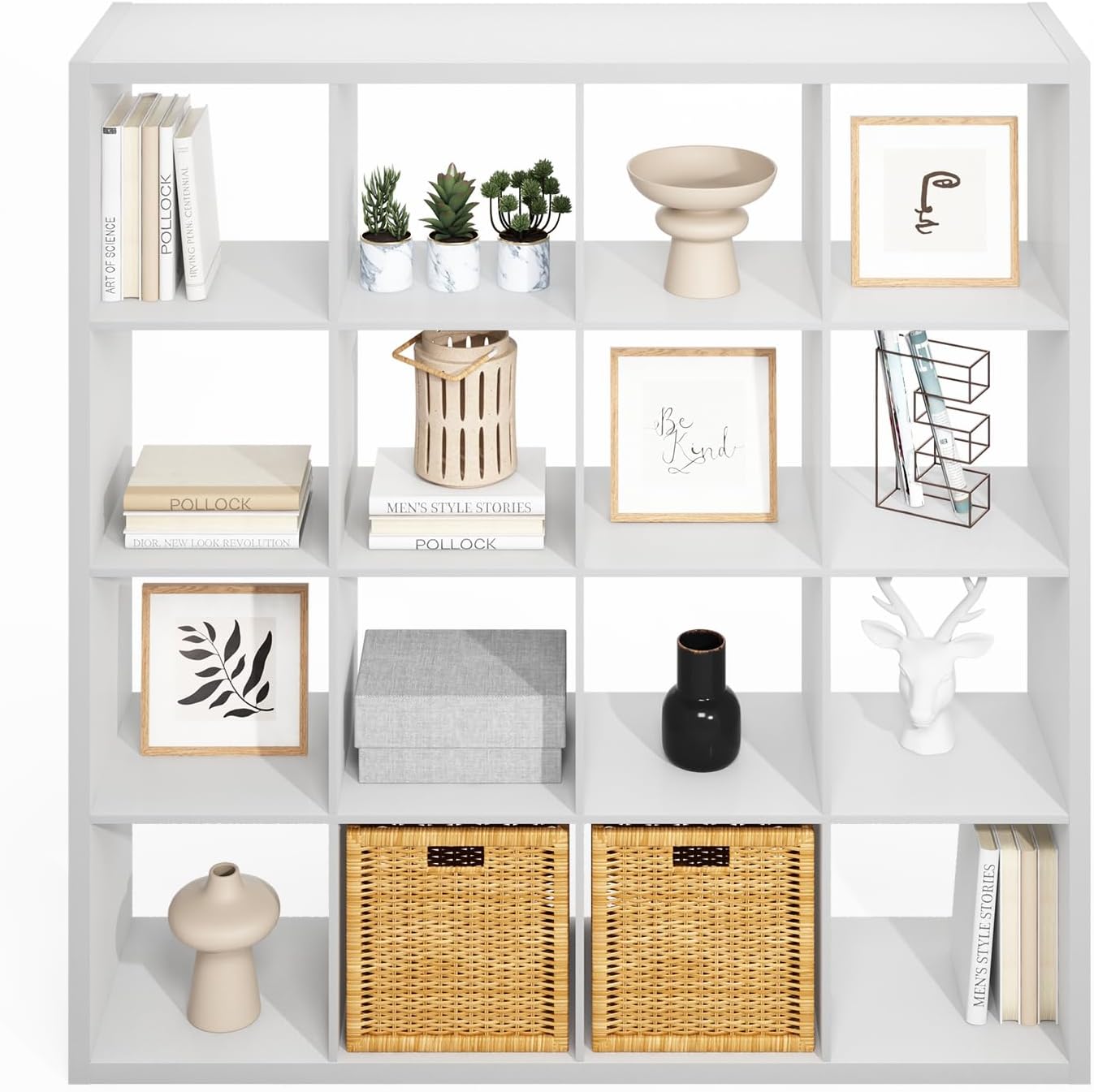 Furinno Simple Cube Storage Organizer, 16-Cube Display Shelf, Open Back Shelving Unit, Storage Shelves, Extra Thick Frame, for Organization and Storage, Living Room, Home Office, White