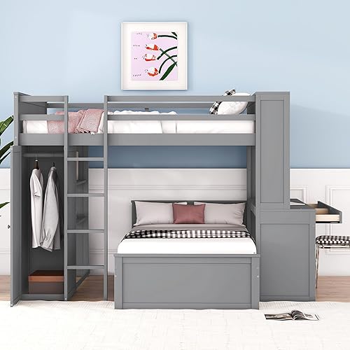 Full Size Loft Bed with Twin Size Stand-Alone Bed, Solid Wood Loft Bed Frame with Desk, Shelves and Wardrobe, Bunk Bed with Safety Guardrail for Kids Teens Adults, Maximize Space (Gray-FS)