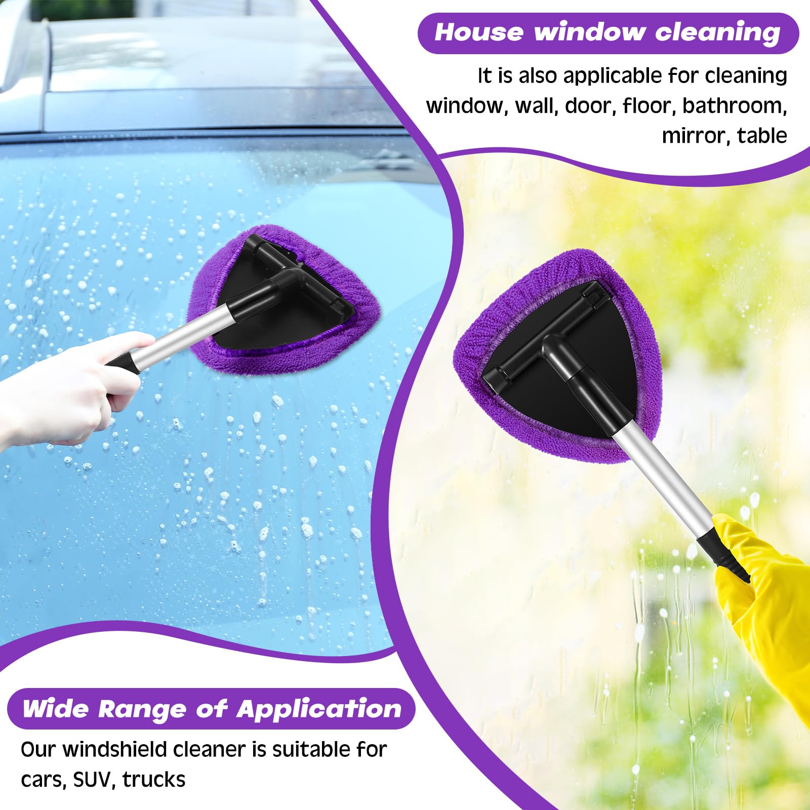 Baderke 10 piezas de limpiador de ventanas de coche, suministros de limpieza de parabrisas con mango extensible, incluye 6 capó de microfibra lavable y reutilizable, 2 botellas vacías de 60 ml, kit de