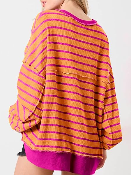 Sudaderas de gran tamaño para mujer, a rayas, estilo Henley, con bloques de color, informal, de punto gofre - 2