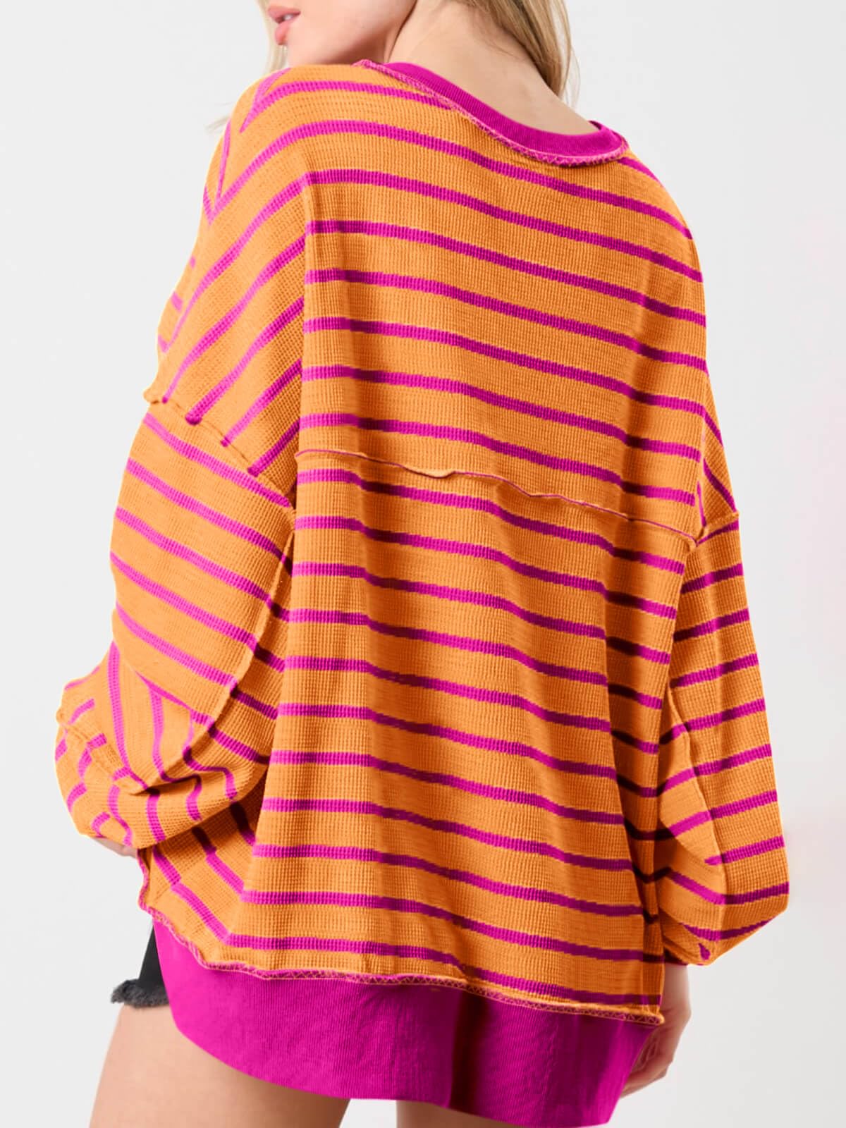 Sudaderas de gran tamaño para mujer, a rayas, estilo Henley, con bloques de color, informal, de punto gofre — view 2
