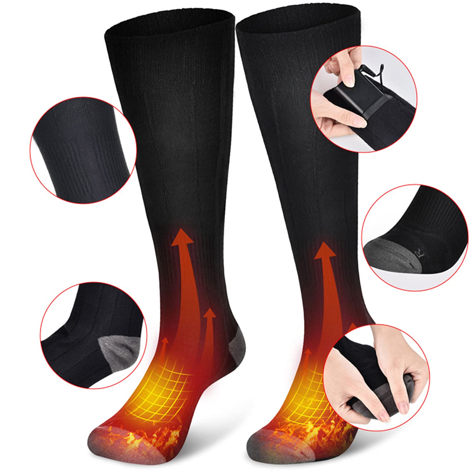 Chaussette Chauffante Homme Femme, Thermiques Chaussettes avec 3 Réglages de Chaleur, Chauffe-Pieds Froids d'hiver Thermiques avec Batterie Rechargeable Type C 4000mAh 3,7V