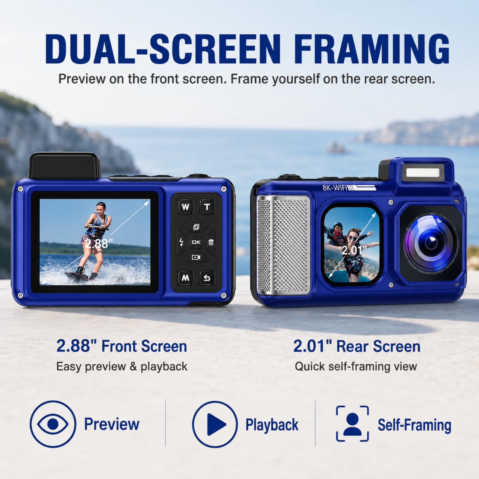 Maxmango V08 Pro 49FT Appareil Photo Etanche Numérique - 8K 90MP WiFi Camera Etanche，Écran Tactile de 2,8 Pouces, Résistant à la Poussière et Aux Chocs, Adapté à la Plongée en Apnée, Bleu