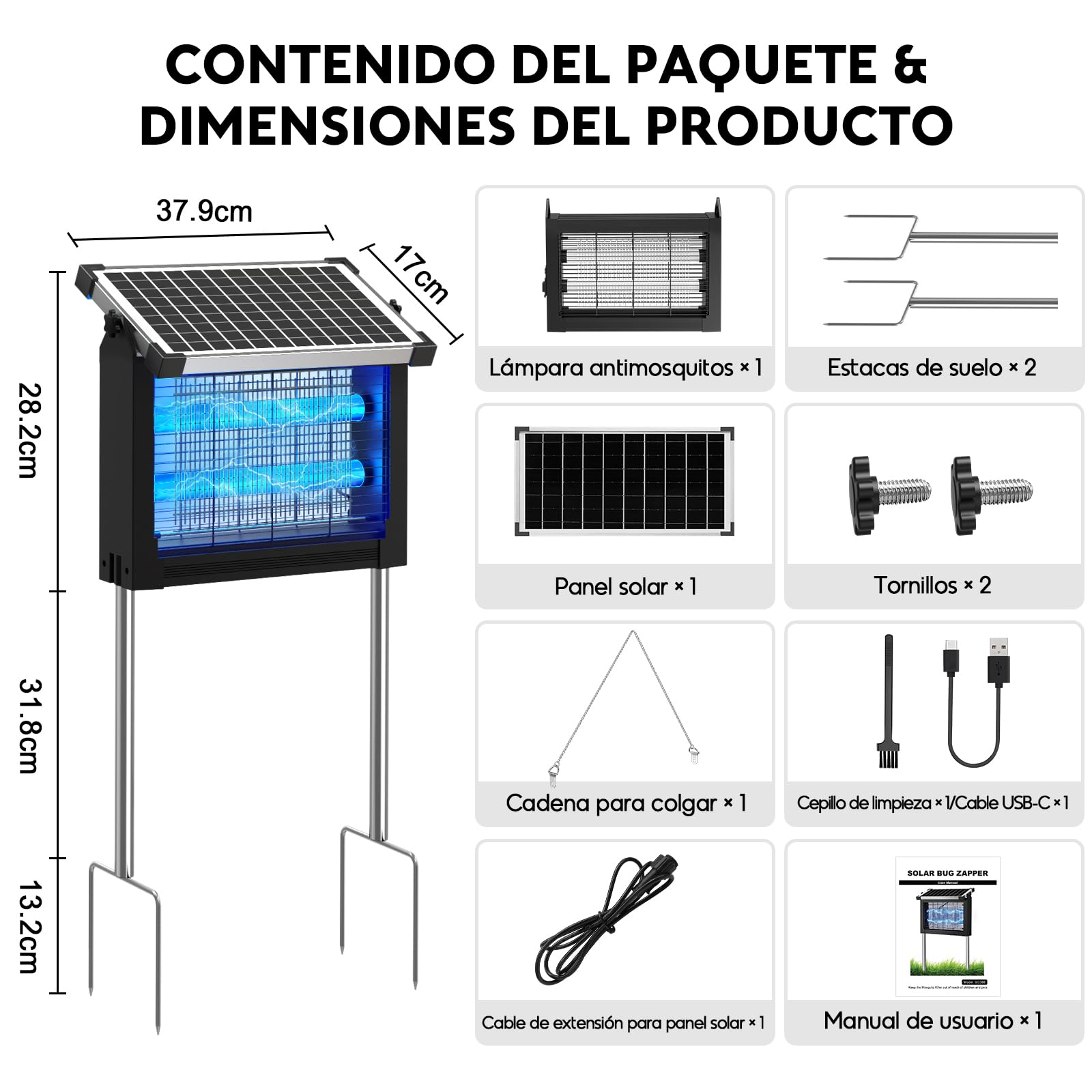 Lampada Antizanzare Solare da Esterno, Zanzariera Elettrica 4500V, Impermeabile IPX5, Ricaricabile USB-C, Batteria 4000mAh, Senza Fili con Picchetto per Giardino, Prato, Terrazzo, Campeggio