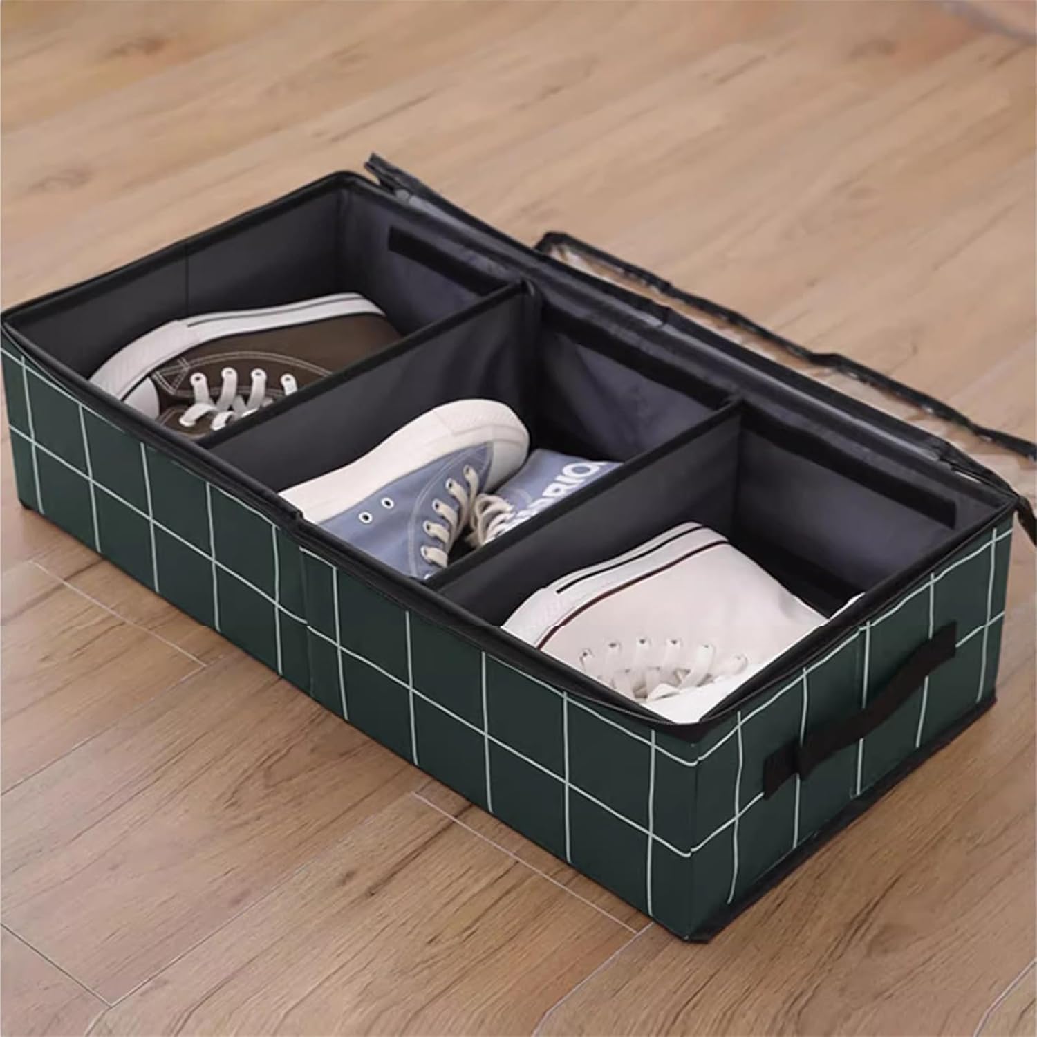 Fabric Shoe Storage Bins Shoe Organizer For Closet Fits Up To 3 Pairs Small Space Shoe Storage Boxes Bins Containers W/Dividers And Clear Top(Grey), 59x30x15cm