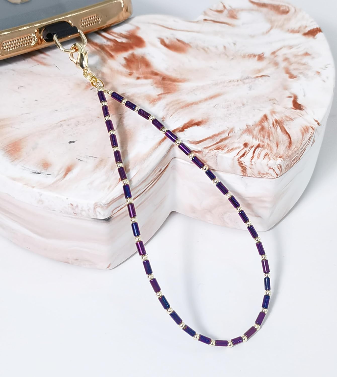Cell Phone Charm Beaded Phone Charms Beaded Bracelet Hand Strap Tiny Beads Chains Wrist Lanyard Wristlet Cylinder Bead Charm (Gloss Midnight Purple) - Image 2