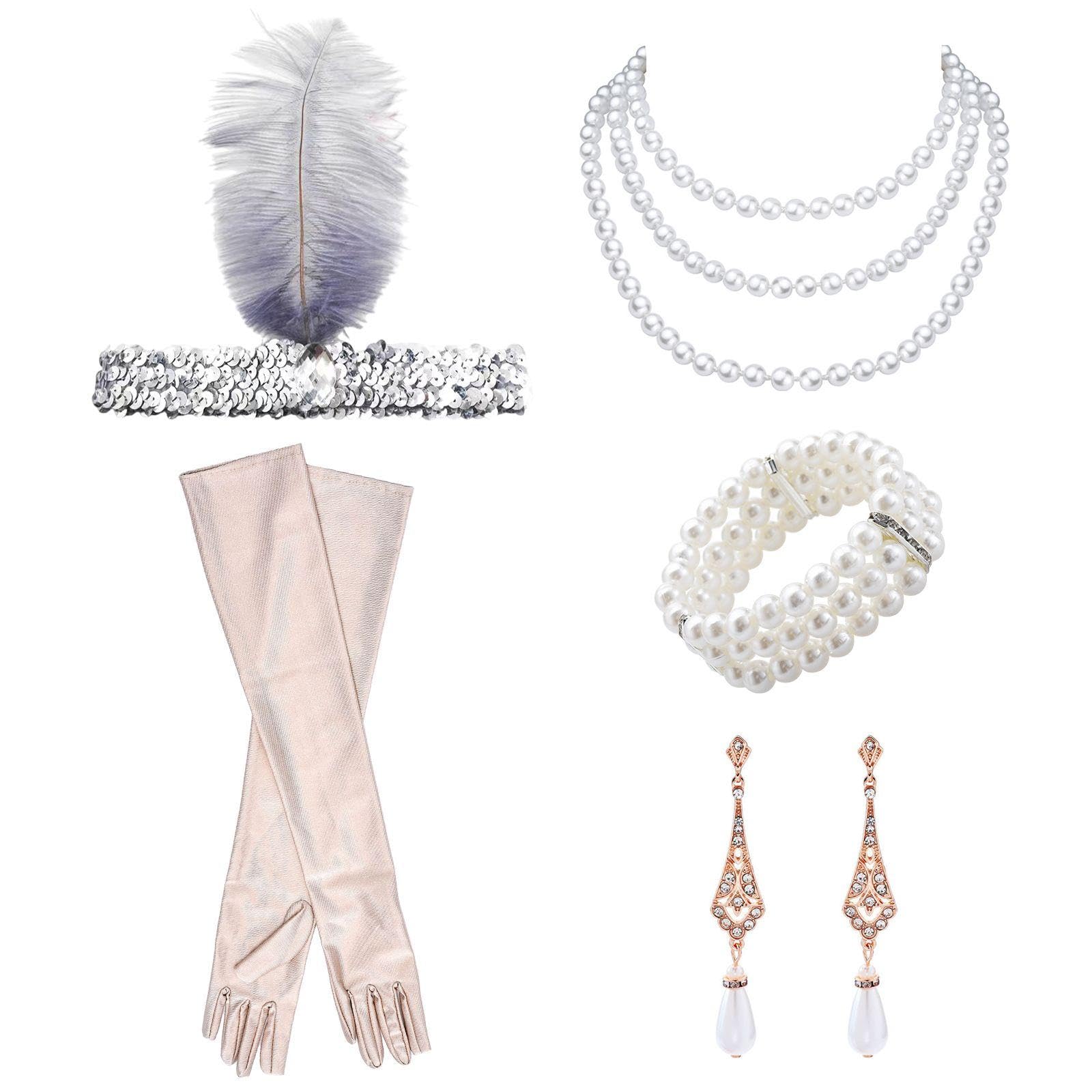 CYNOSURETECH 5 Piece Vintage Women'S Clothing, 1920S Accessories Set, Stylish Pearl Accessories