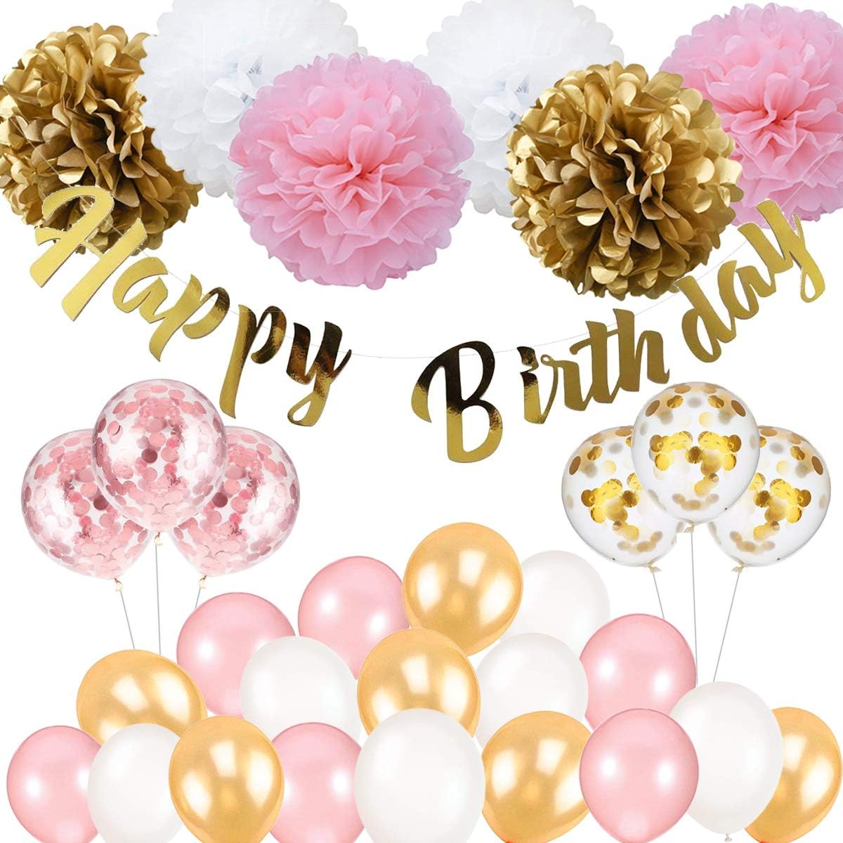 SZHUIHER Birthday Decoration, Happy Birthday Banner, Tissue Flower, Confetti Balloons for 16th 18th 21st 30th 50th 60th Birthday Party Decoration for Women girls