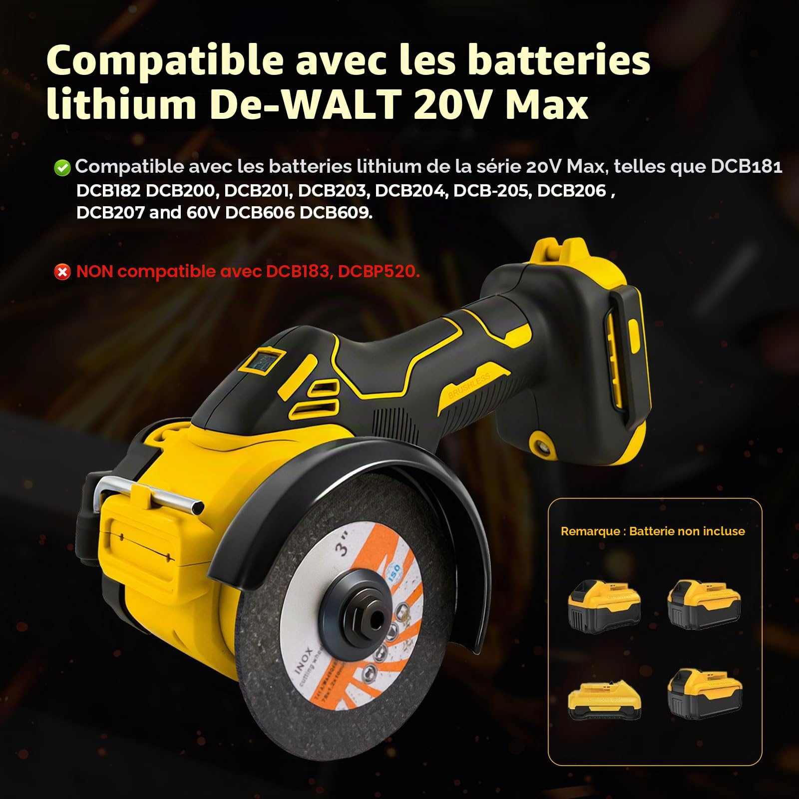 Mini meuleuse d'angle pour batteries DEWALT 18 V 20 V, outil de coupe sans fil de 7,6 cm, outil de meulage électrique sans balais 20 000 tr/min avec lumière LED compatible avec DEWALT DCB181 DCB182