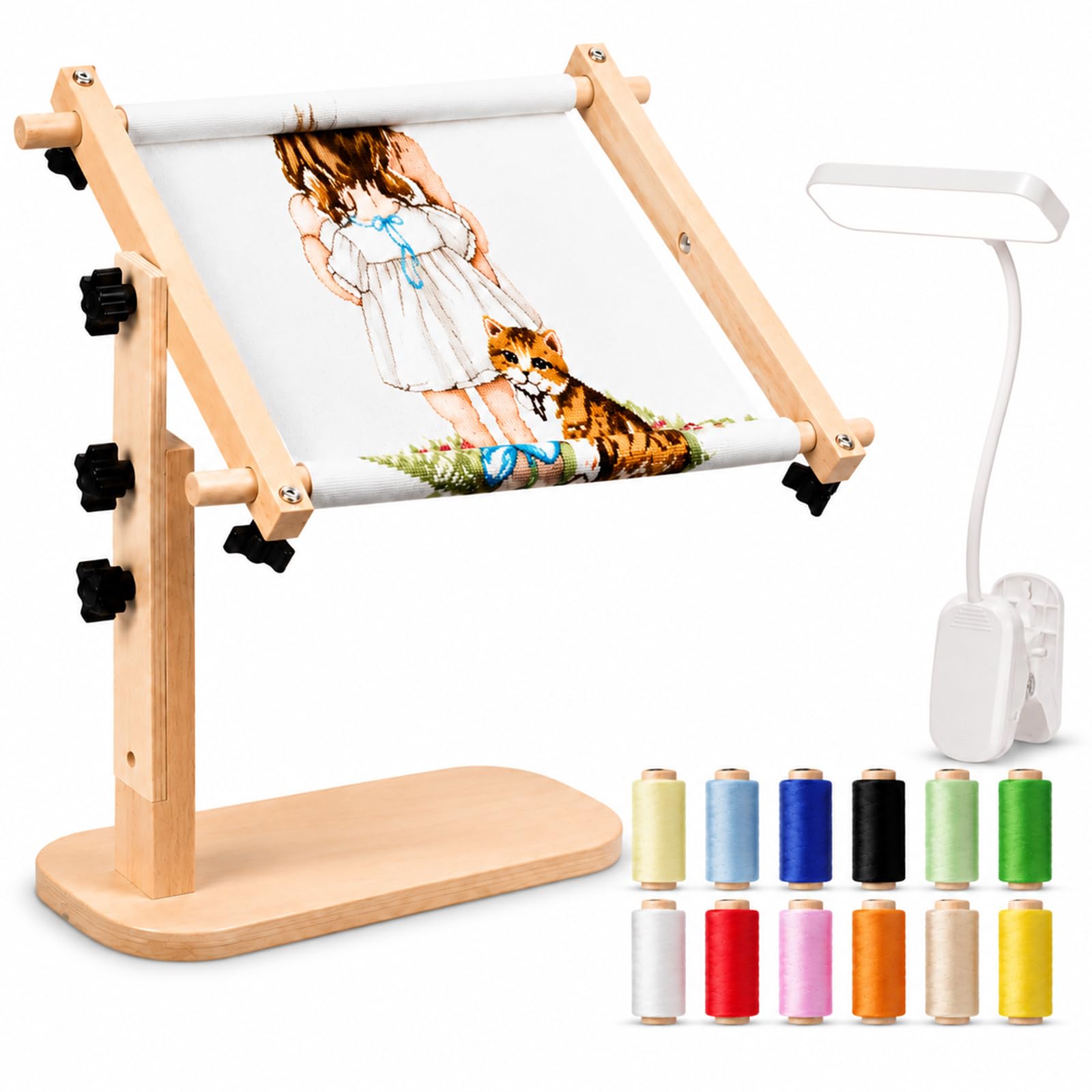 Adjustable Tabletop Embroidery Stand – Cross Stitch Frame Holder, 360° Rotating Stable Sitting-Base, Needlepoint Lap Rack for Needlework Punch Needle with Height & Angle Adjustment (B+Light,23*46)