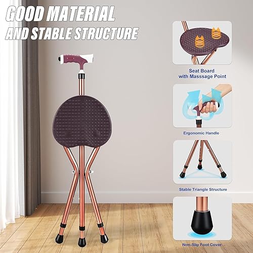 Miniatura 3 de Bastón de caminar con asiento adjunto, resistente, capacidad de 350 libras, ajustable, silla portátil, plegable, color marrón