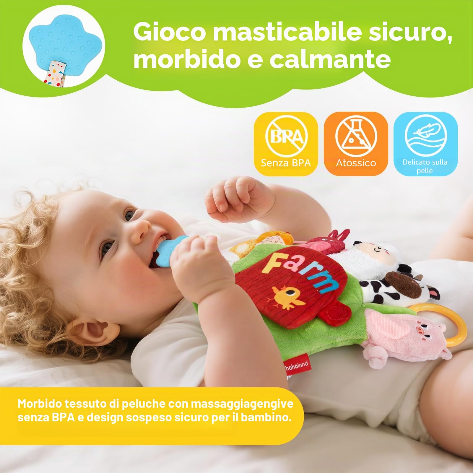 hahaland Giochi Sensoriali Neonati 6 Mesi, Guanto Marionetta della Fattoria Interattivi Gioco Montessori 6 Mesi, con Sonaglio/Specchio, Tummy Time Neonato 3 6 9 12 Mesi