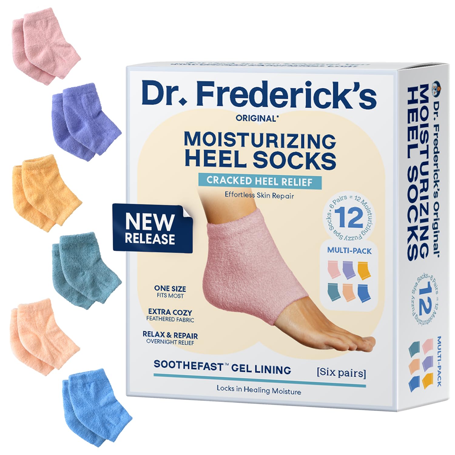 Dr. Frederick's Original Moisturizing Fuzzy Heel Socks - 6 Pairs - Cozy Gel-Lined Sleep Socks for Women & Men - Soothes Dry, Cracked Feet - Heel Repair - Variety Pack