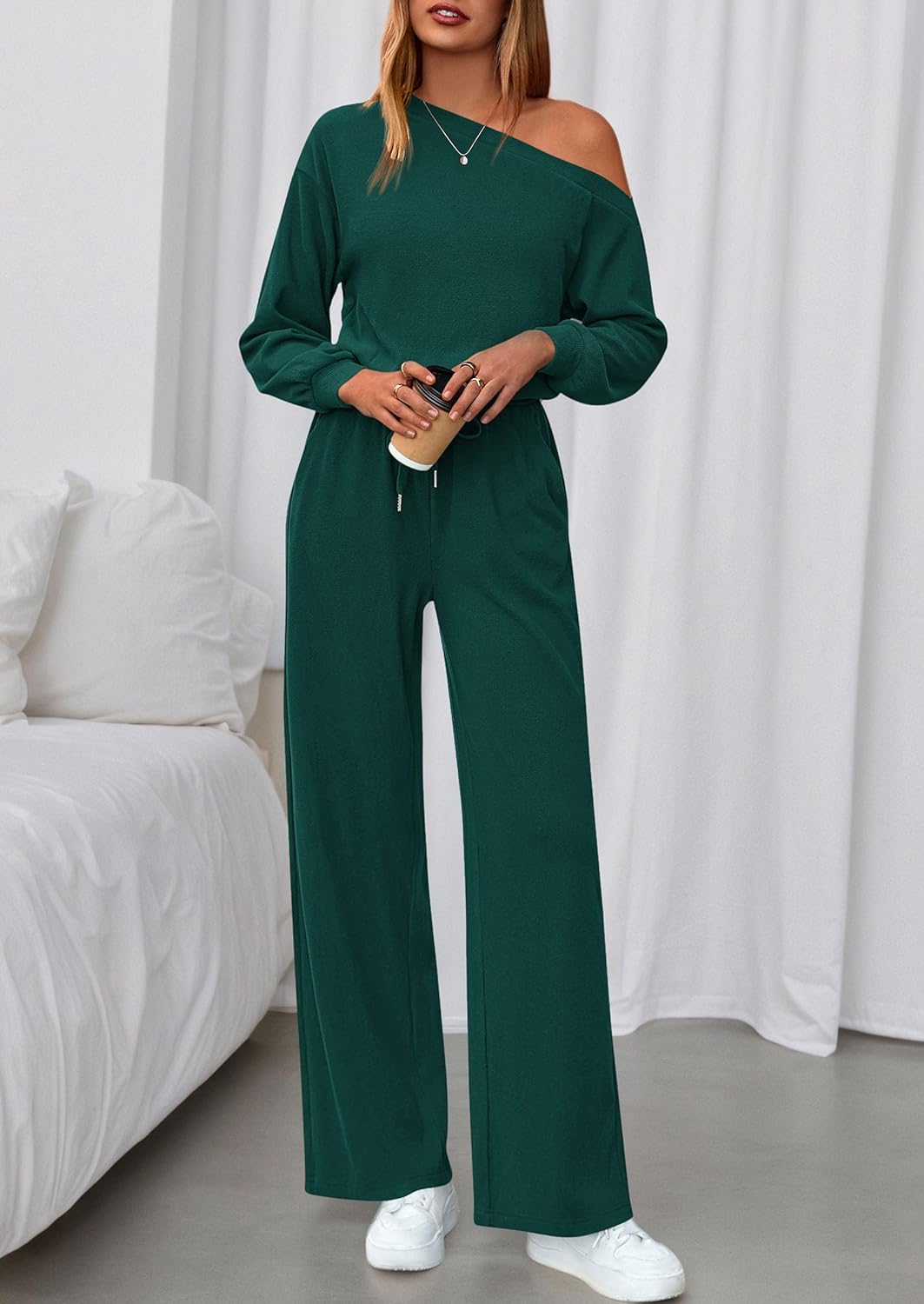 PRETTYGARDEN Long Sleeve Jumpsuit For Women Dressy 2026 Off Shoulder One Piece Loose Wide Leg Jumpsuits Casual Flowy Romper - Image 8