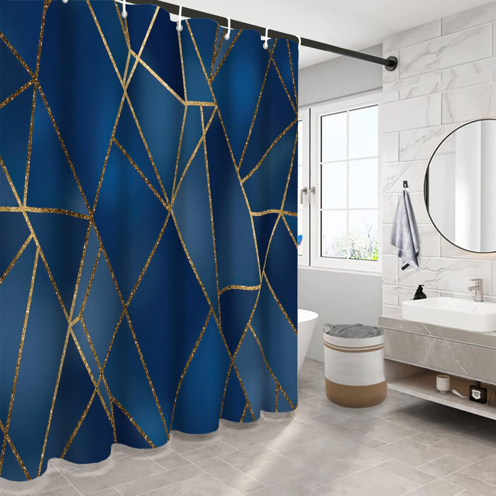 Rideau De Douche Ligne Polygone Géométrie Abstraite Tissu Imperméable Lavable avec Crochets Anti Moisissure en Polyester Rideau Douche pour Salle De Bain