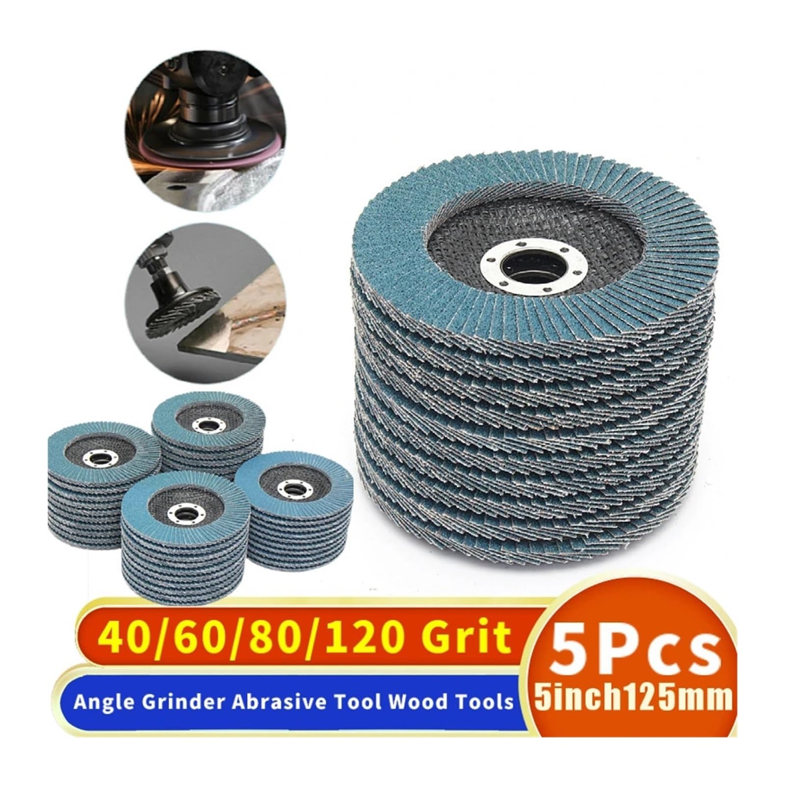 5 pz 125mm 5 "Disco Abrasivo for Smerigliatrice Angolare Metallo Plastica Legno Utensile Abrasivo 40/60/80/120 Grana Mole Dischi Lamellari(Grit 80)