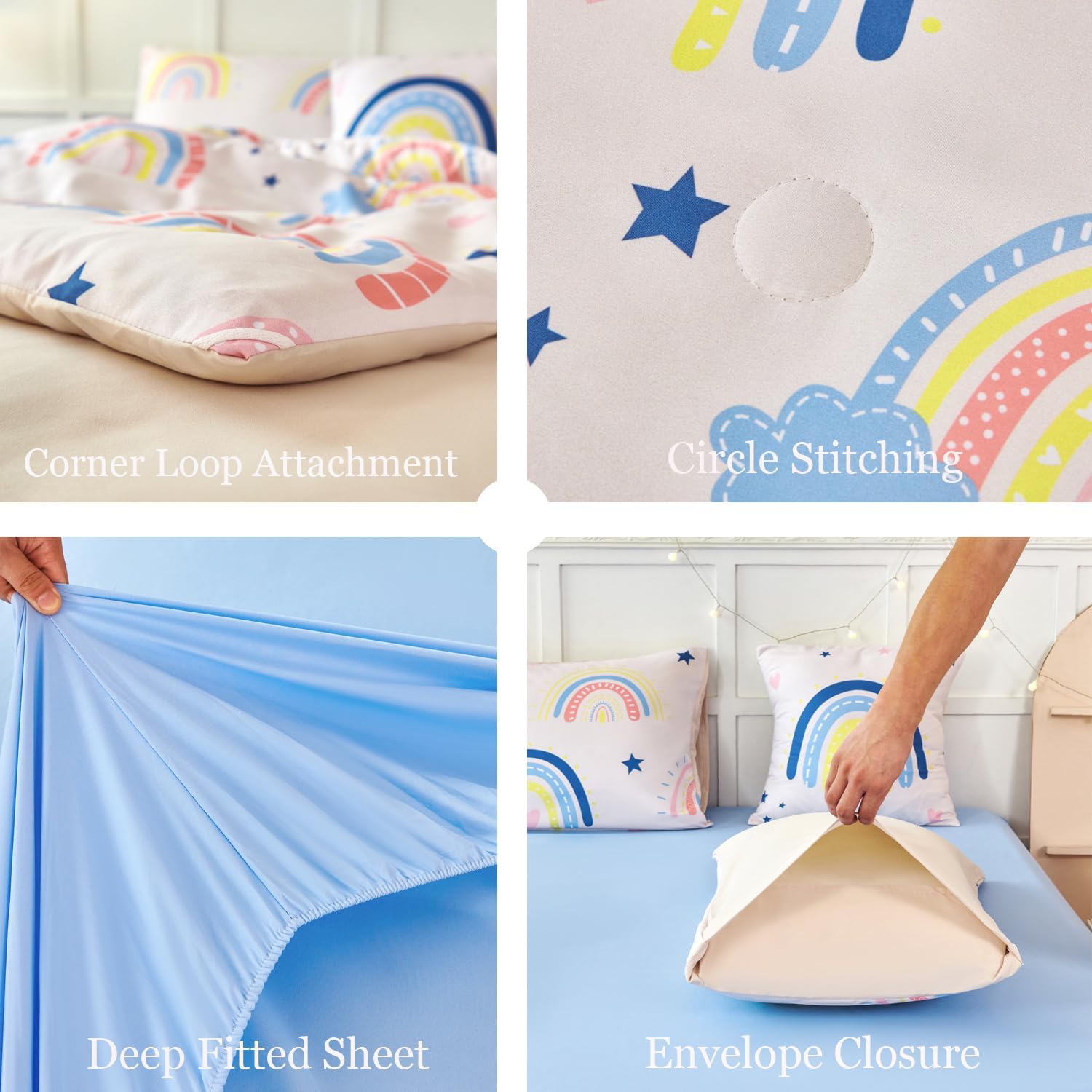 ANGIYUIN 6Pcs Beige Rainbow Queen Comforter Set - Cartoon Love Hearts and Stars Girl Bedding Set for Kids - Cute Soft Kid Bed in A Bag with Comforter, Sheets, Pillowcases