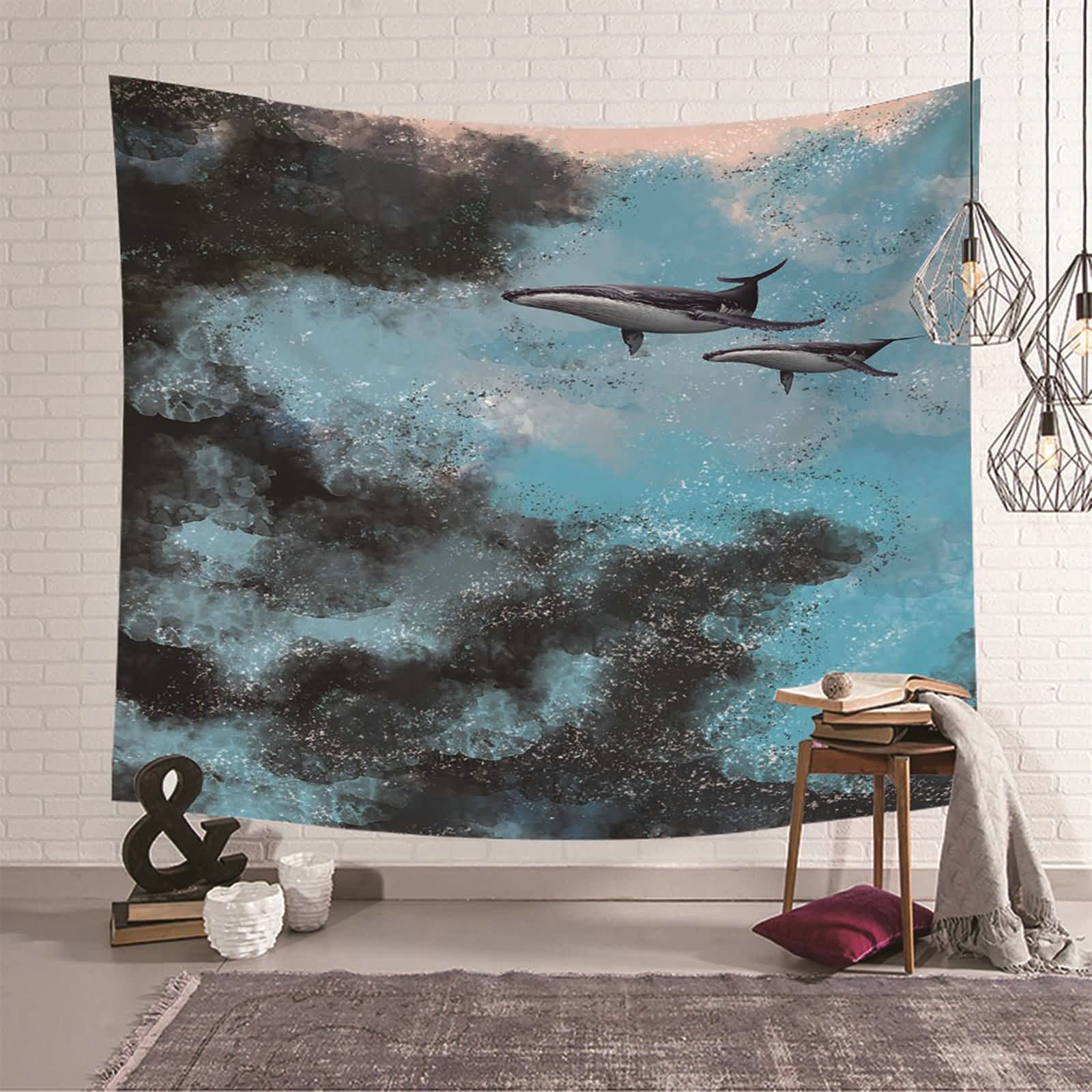 Tapiz de pared de poliéster KnSam en azul y negro, textil decorativo lavable de 150x130 cm