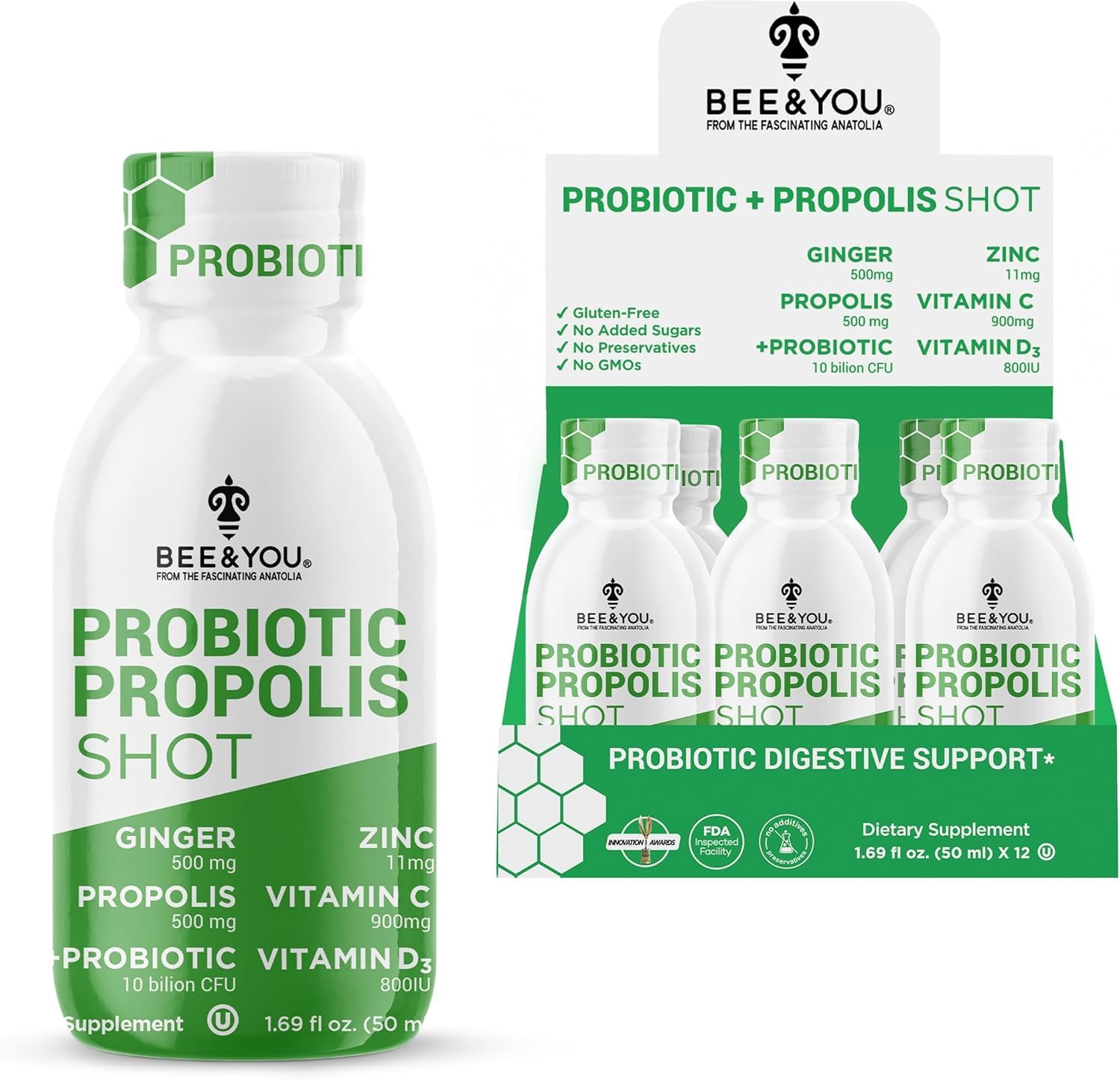 Bee and You Propolis Immune Shot, Probiotic, Vitamin C, Vitamin D3, Zinc, Ginger, Immune Support, Gut Health, Digestive Health, Bioactive 1.69 Fl. oz, 12 Pack