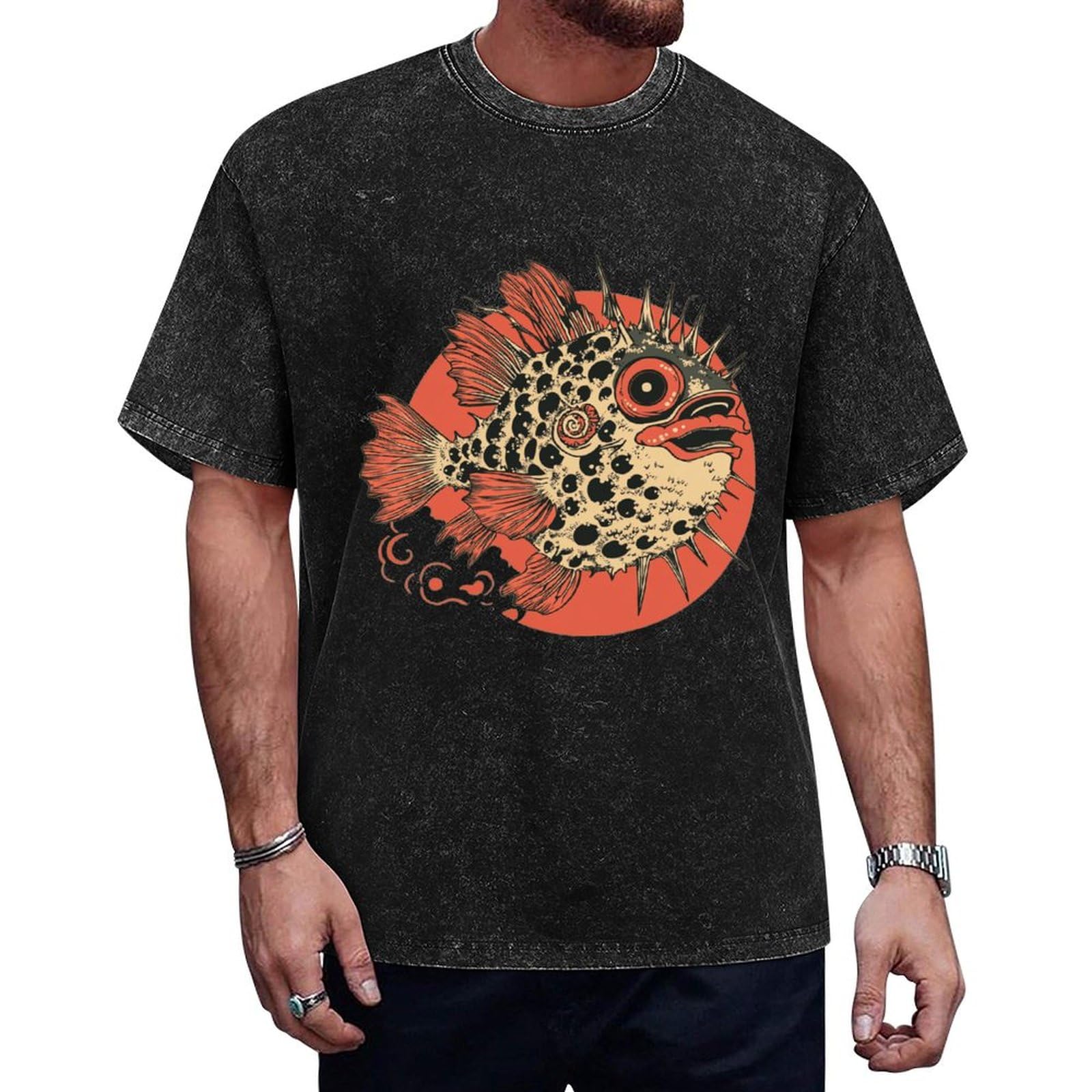 Mens Japanese Art Short Sleeve Novelty Graphic T Shirt Casual Cool Distressed Comfy Hawaiian Undershirts