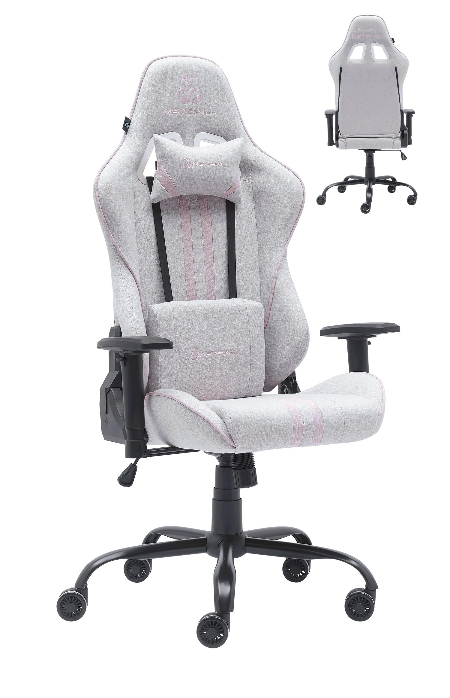 NEWSKILL KitsuneV2 - Silla Gaming ergonómica, Respaldo reclinable 180 Grados, reposabrazos 2D Ajustables, Cojines Lumbar y Cervical, Ruedas XL silenciosas, Tela Transpirable, Color Rosa