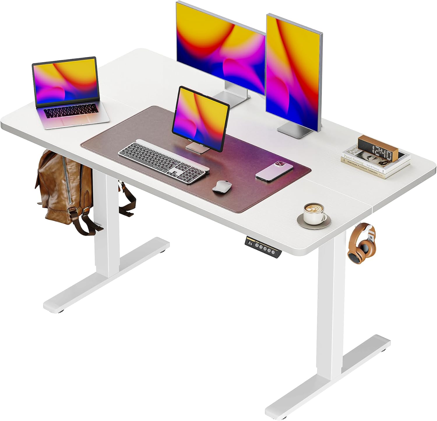 Huuger 48 x 28 Large Electric Standing Desk, Height Adjustable Desk, 27.6" Deep Desktop, Stand up Gaming, 2 Hooks, 3 Preset Heights, for Home Office, White 48*28 inch White