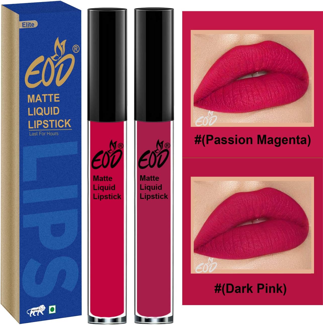 EOD® Soft Matte Kiss Proof Vegan Made in India Liquid Lipstick Long Wearing Set of 2 Lip Gloss(Passion Magenta, Dark Pink)