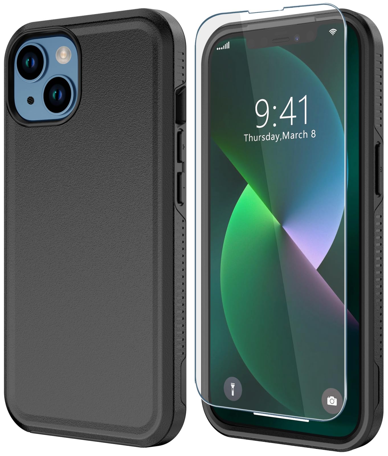 Diverboxfor iPhone 13 case [Shockproof] [Dropproof] [Tempered Glass Screen Protector ],Heavy Duty Protection Phone Case Cover for Apple iPhone 13 (Black-2in1)