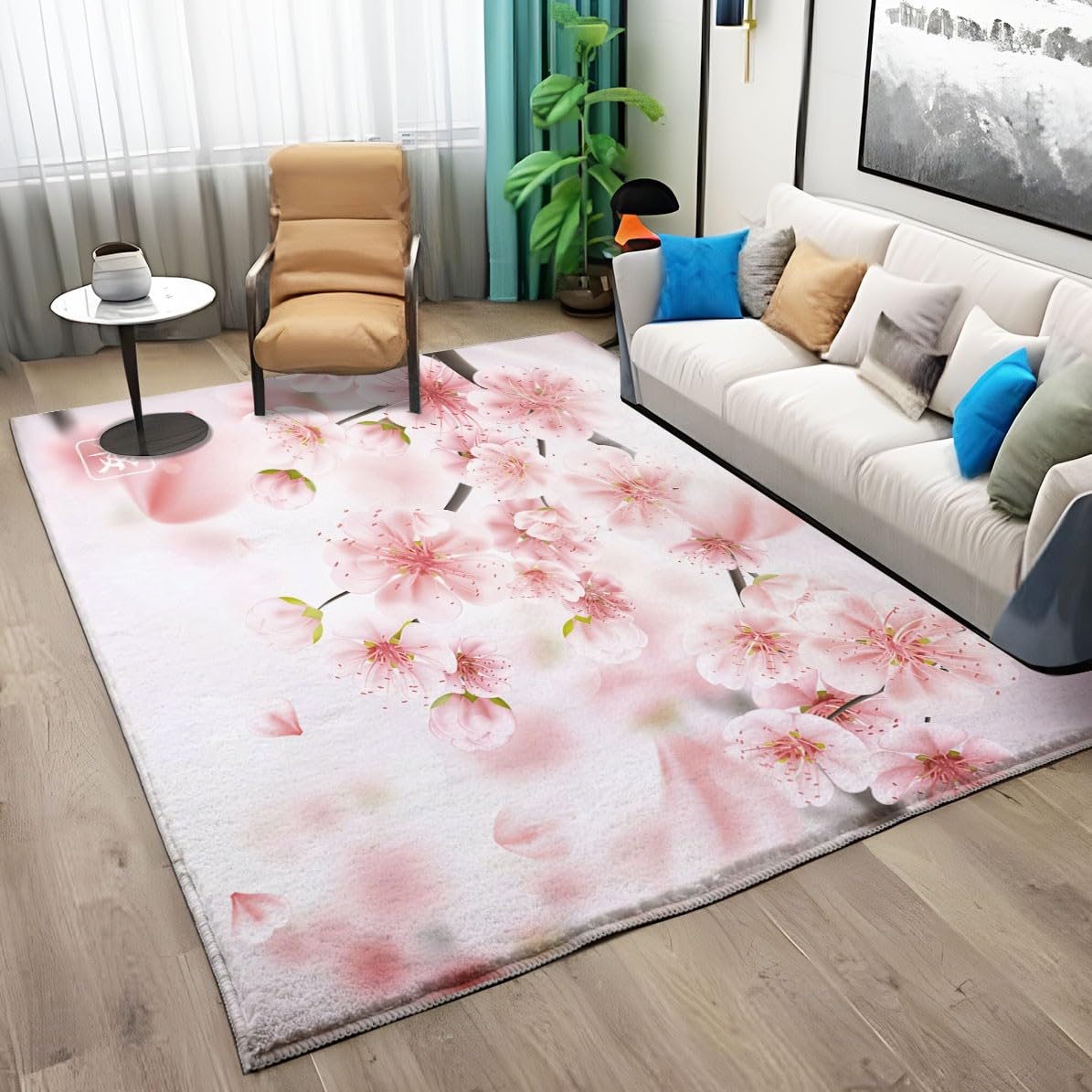 Rose Tapis de Salon 80 x 150cm Fleurs de Cerisier Roses du Japon Tapis Doux Poils Courts Moderne Antidérapant Grand Tapis pour Salon Chambre Décoration d'intérieur Garçons Filles Adolescents