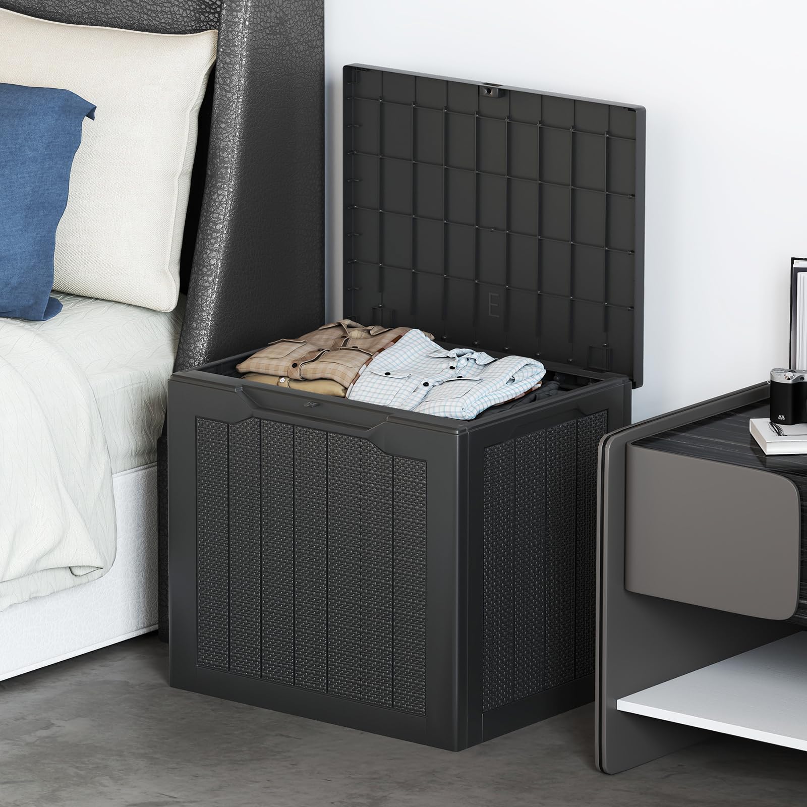 GIANTEX Auflagenbox 106L, Gartenbox mit abschließbarem Deckel, Kissenbox mit Stauraum, Outdoor Schrank, Aufbewahrungsbox Rattan-Optik für Garten, Terrasse und Pool (Schwarz)