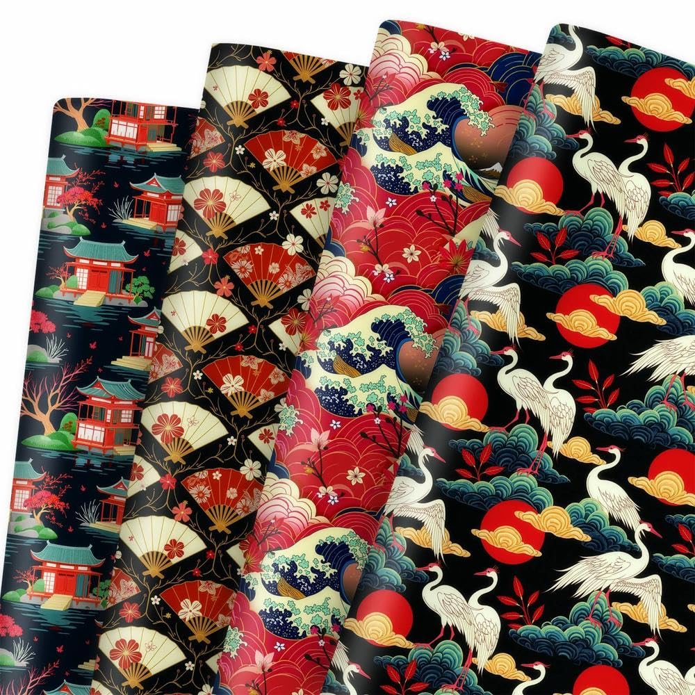GleeWrap 12 Sheets Japanese Themed Wrapping Paper, Japanese Building,Sakura, Cranes, Fans Pattern Gift Wrap for Birthday Party Japan Lovers,50 * 70cm