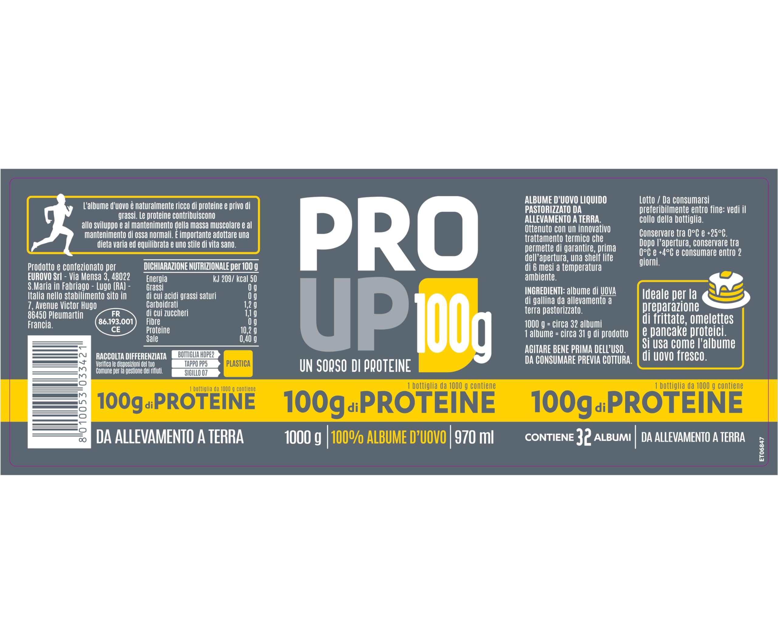 PRO UP, Albume d'uovo, 100g di proteine a bottiglia. Ideale per frittate e pancake fit, omelette, smoothie e porridge proteici. Ottenuto da galline allevate a terra. (6 bottiglie)