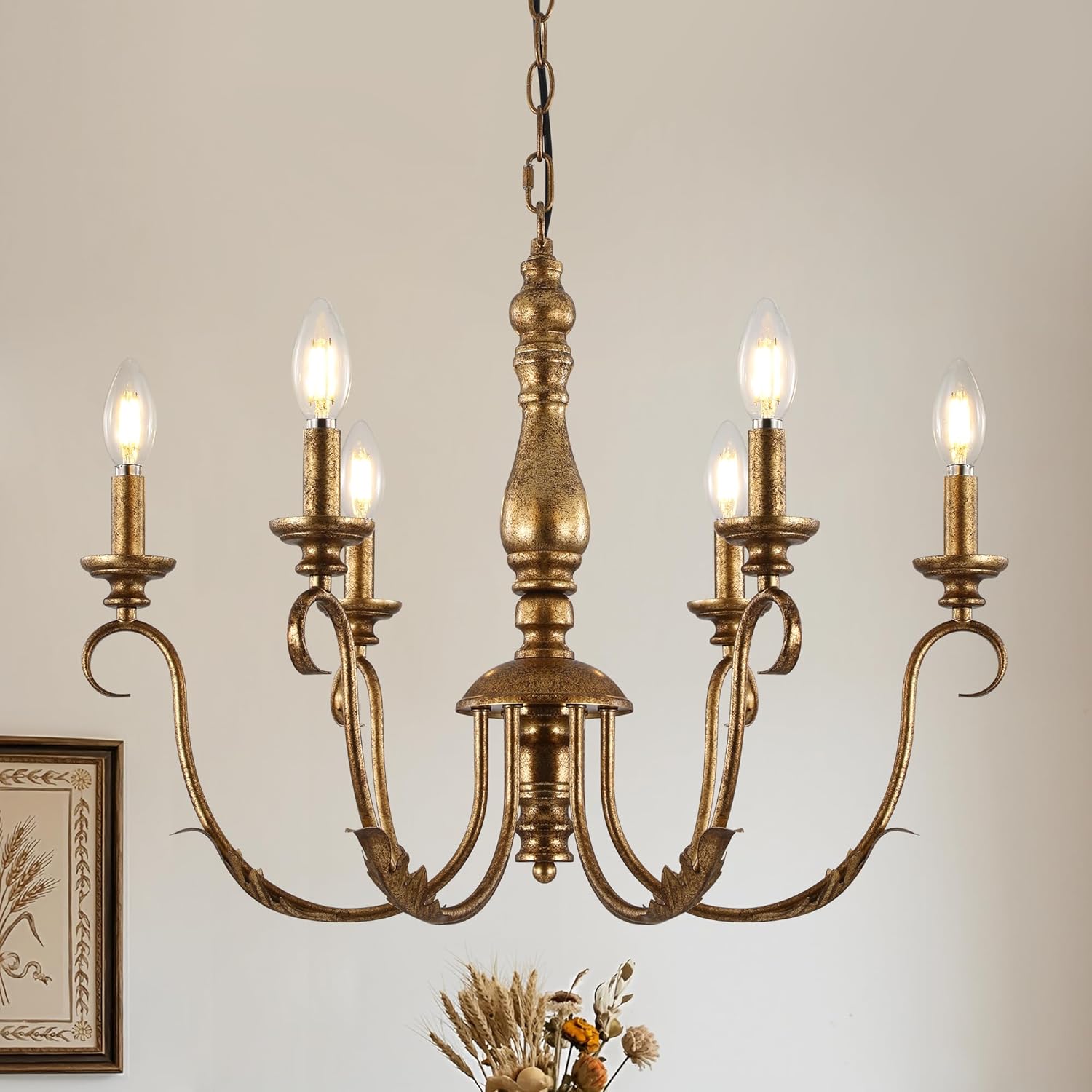 6-Light Rustic Farmhouse Chandelier, 24 Inch Vintage Brass Gold Hanging Pendant Light, Adjustable Metal Fixture for Dining Room Kitchen Island Entryway Foyer Bedroom Hallway