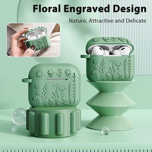 Miniatura 6 de AIRSPO Funda para Airpod Pro de 2 generación, funda protectora de silicona suave en relieve floral 3D con kit de limpieza para Apple Airpods Pro de