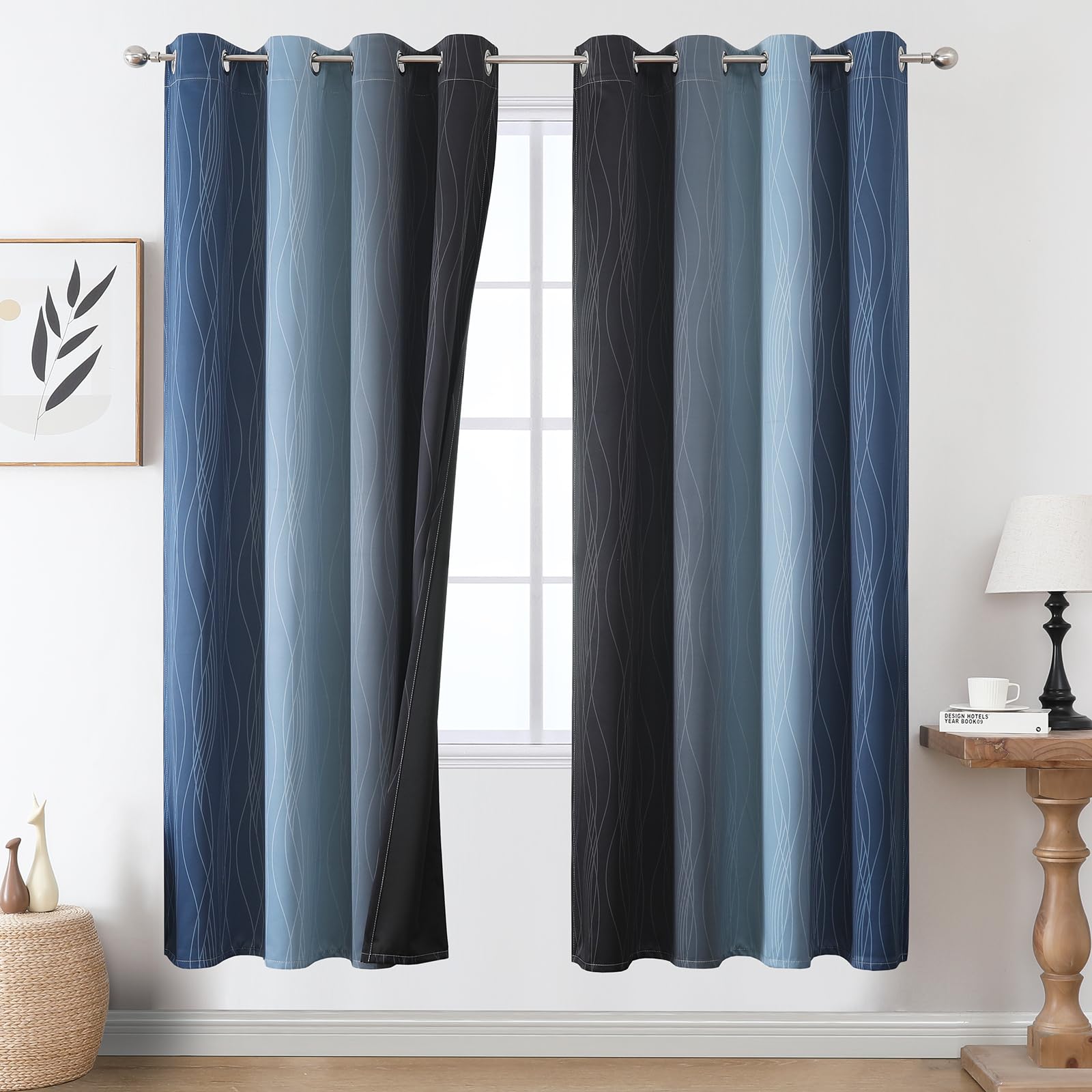 VEHEDE Ombre Blackout Thermal Curtains & Drapes for Kids Room, Strip Wave Pattern Noise Reducing Gradient Curtains 72 Inch Drop for Living Room, W52 x L72 Inch, Navy Blue and Black, 2 Panels
