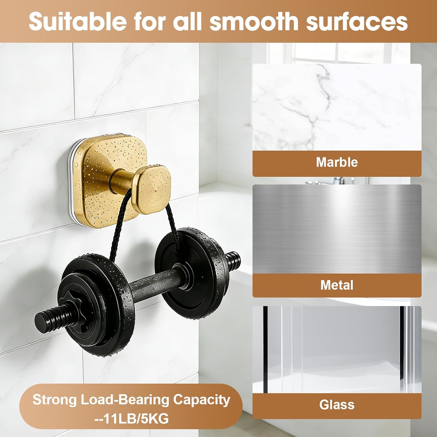 Suction Cup Hooks for Shower, Stainless Steel Bathroom Suction Hooks No Drilling, Brushed Gold Heavy Duty Shower Hooks for Towel Robe Loofah, Glass Door Tile Mirror, 2 Pack Golden