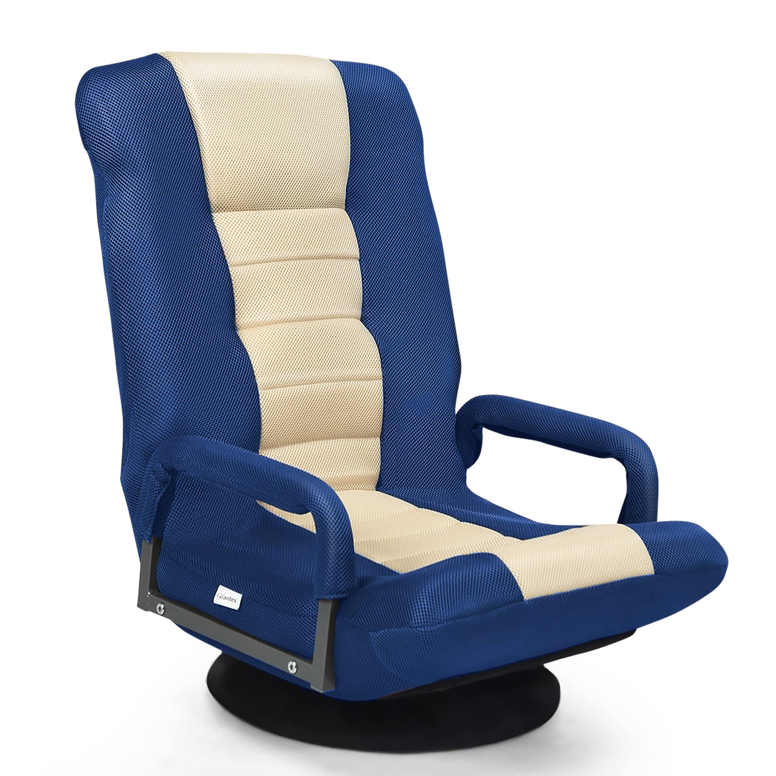 RELAX4LIFE Silla de Suelo Giratorio 360° con Respaldo Ajustable en 6 Ángulos, Sillón Relax Plegable con Diseño Ergonómico para Salón, Dormitorio y Oficina, Carga 120kg, Azul+Beige