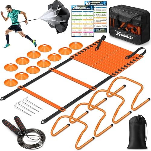 Agility Ladder Speed Training Equipment Set-20ft Agility Ladder,12 Soccer Cones,4 Hurdles, Jump Rope, Running Parachute Basketball Football Soccer