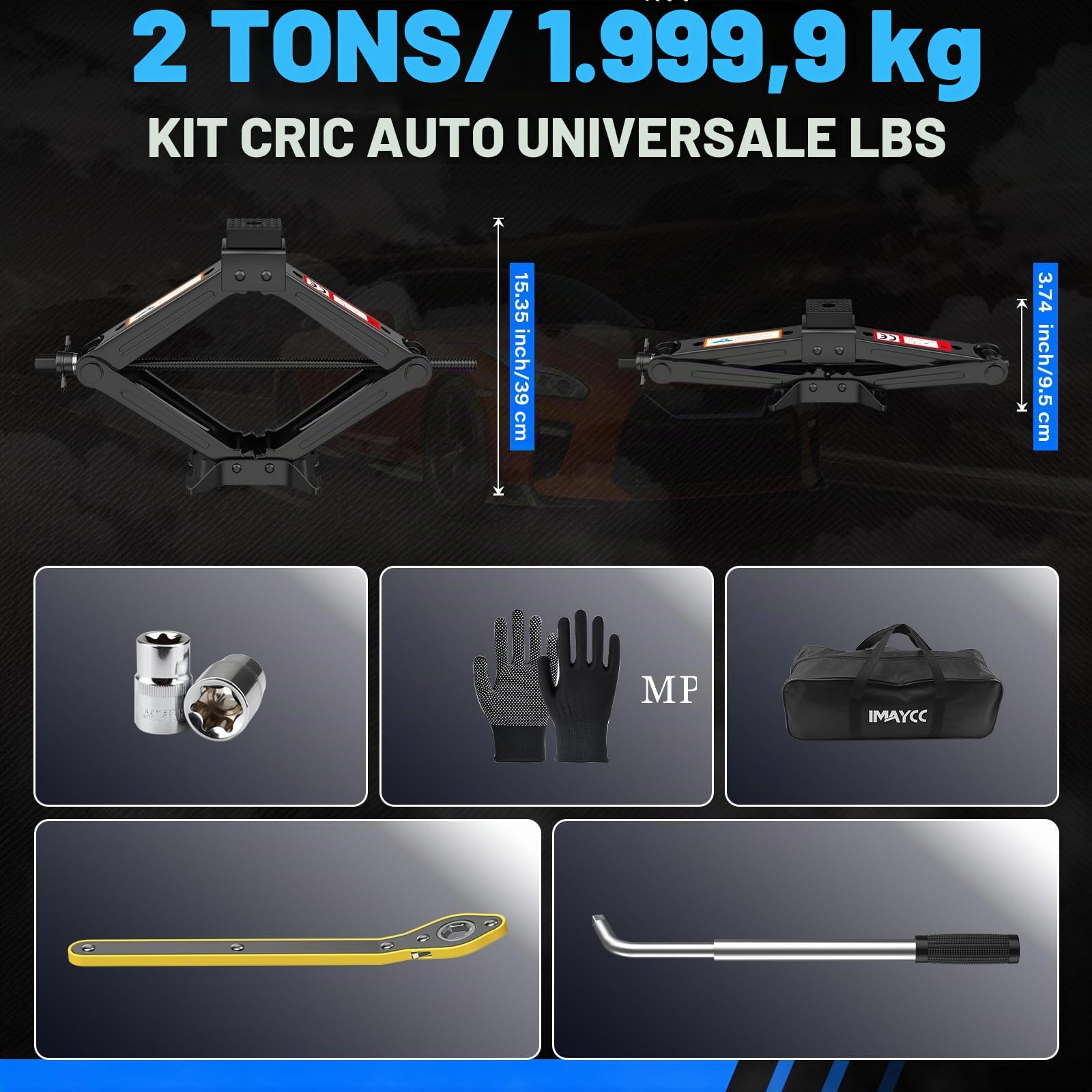 IMAYCC Cric Per Auto 2T/2000kg, Cric Auto Con Universale, Cric Portatile Per Auto Con Chiave Per Dadi Ruota, Kit Emergenza Auto Per Auto,Ideale Per La Manutenzione e La Riparazione