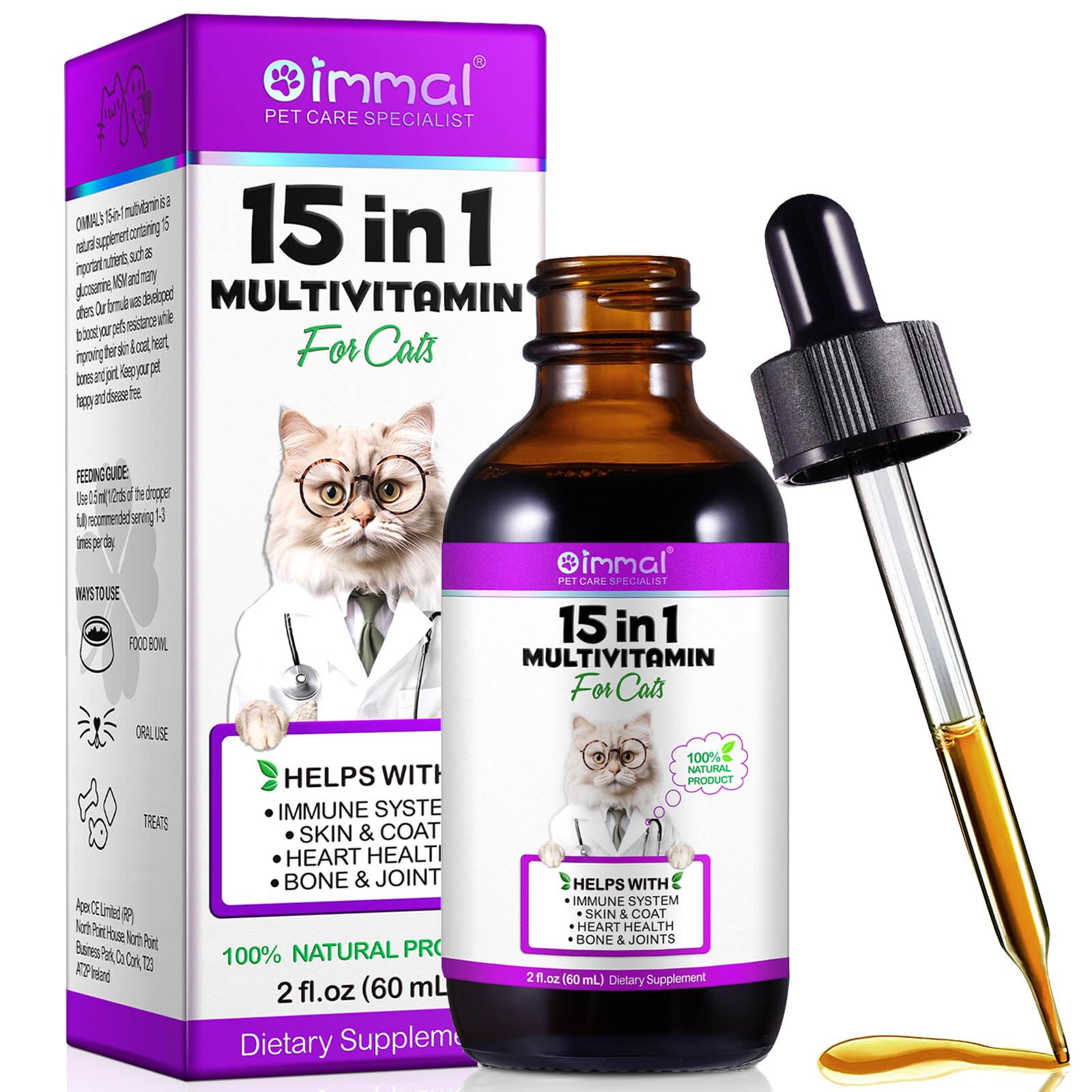 Katzen Multivitamin, 15-in-1 Flüssigvitamin Vitamin mit Glucosamin & MSM für Gelenke, Fell & Immunsystem.