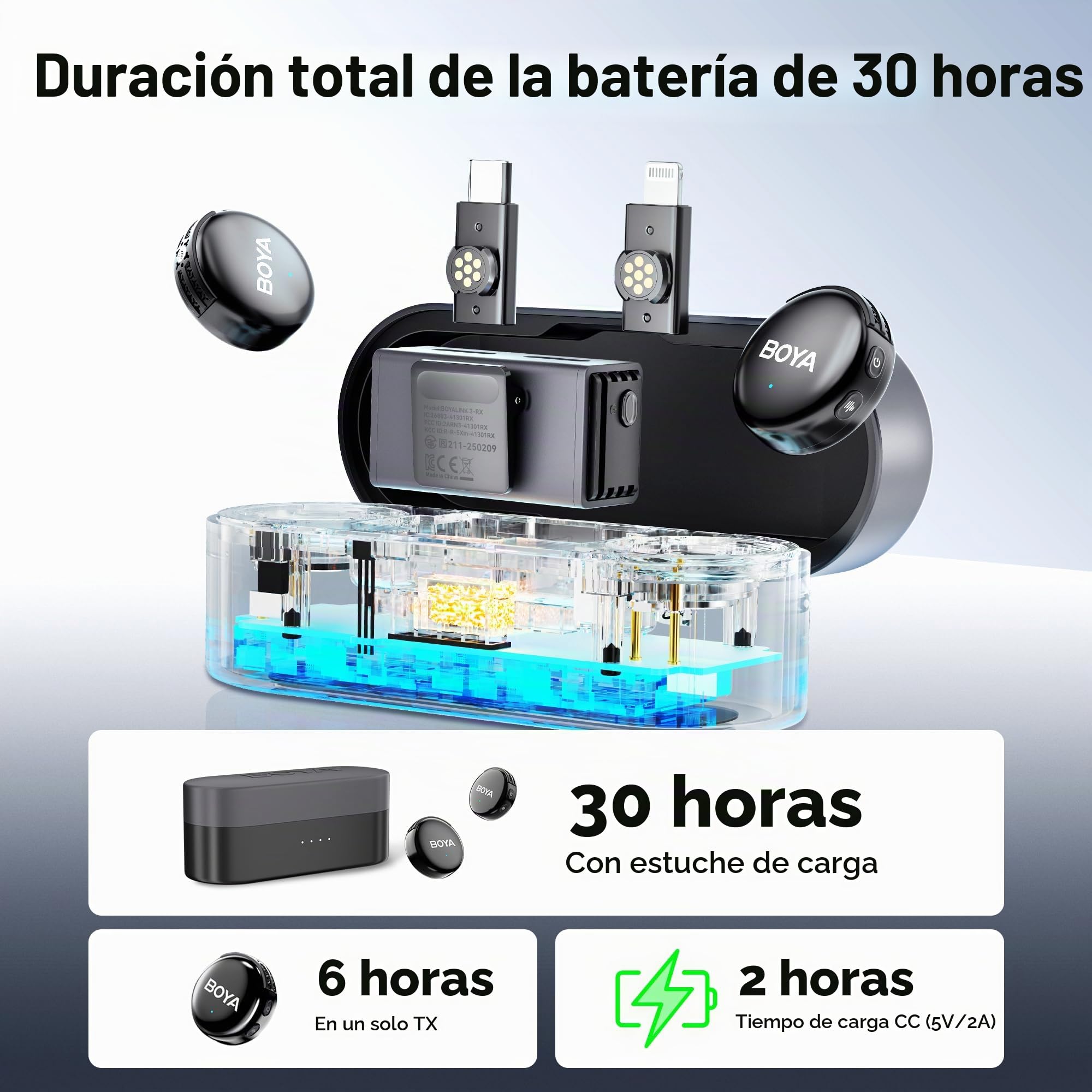 BOYA BOYALINK 3 - Micrófono Lavalier inalámbrico todo en uno para cámara/iPhone/Android, mini micrófono con micrófono de solapa de reducción de ruido IA, duración de 30 horas, rango de transmisión de